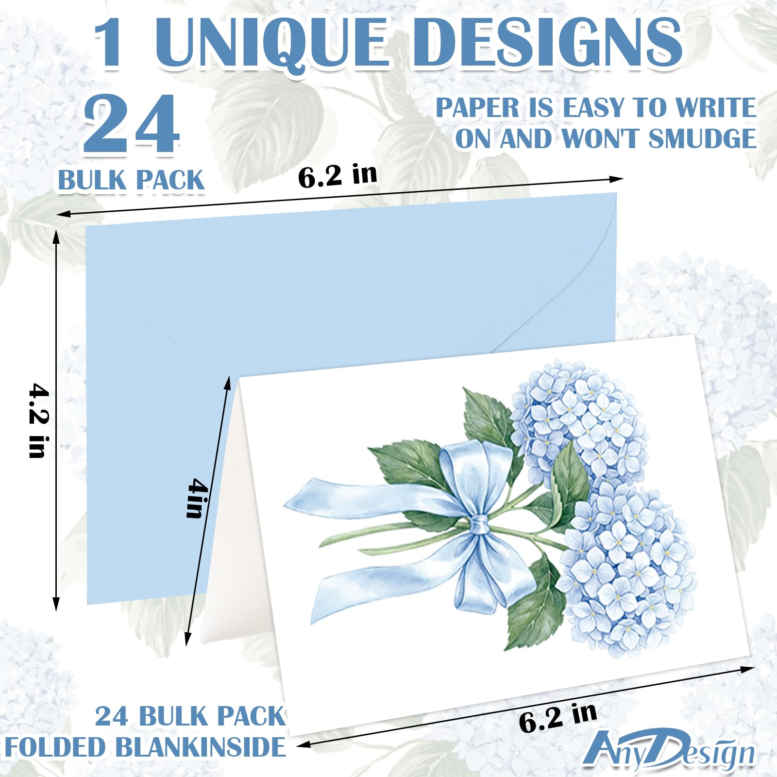 AnyDesign Confezione da 24 biglietti vuoti con fiori di ortensia, acquerello, floreali, con busta, adesivo, biglietti di auguri blu per inviti per feste estive primaverili, 10 x 15 cm