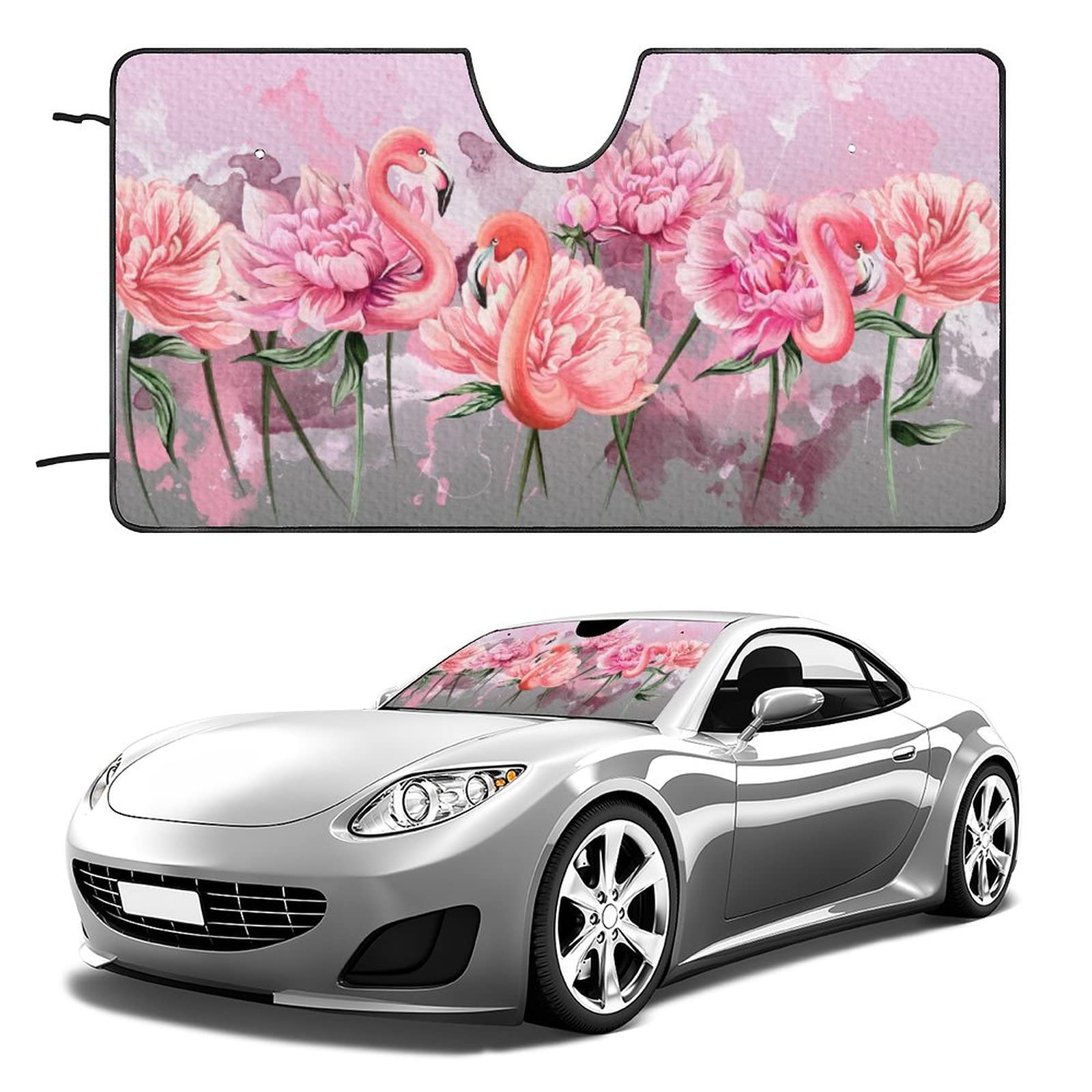 Parasol para Vehículo Pink Flamingo Acuarela - Peonías Rosas Parasol Coche Delantero Plegable Protección Rayos UV Parasol para Coche Delantero Universal para Vehículos Furgonetas Coches