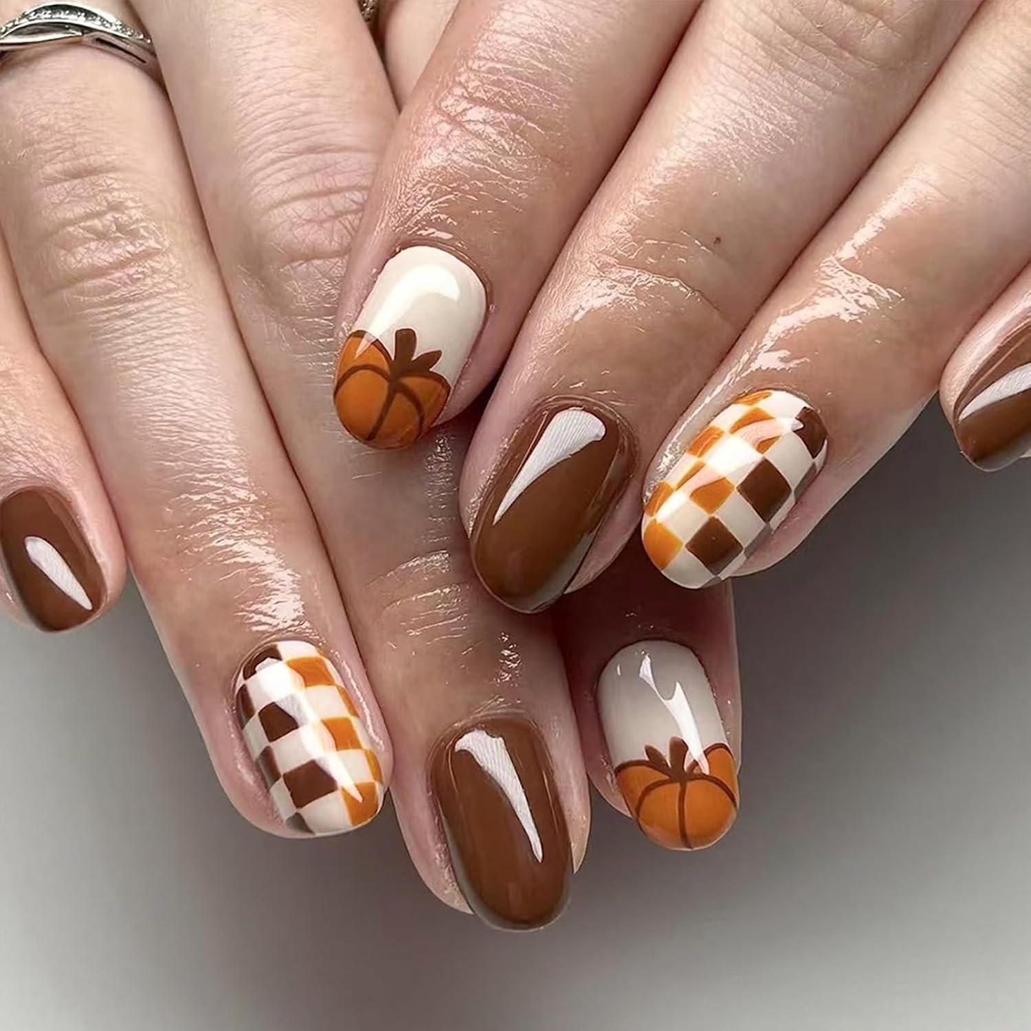 Halloween Press on Nails Short Almond Brown with Pumpkin Designs