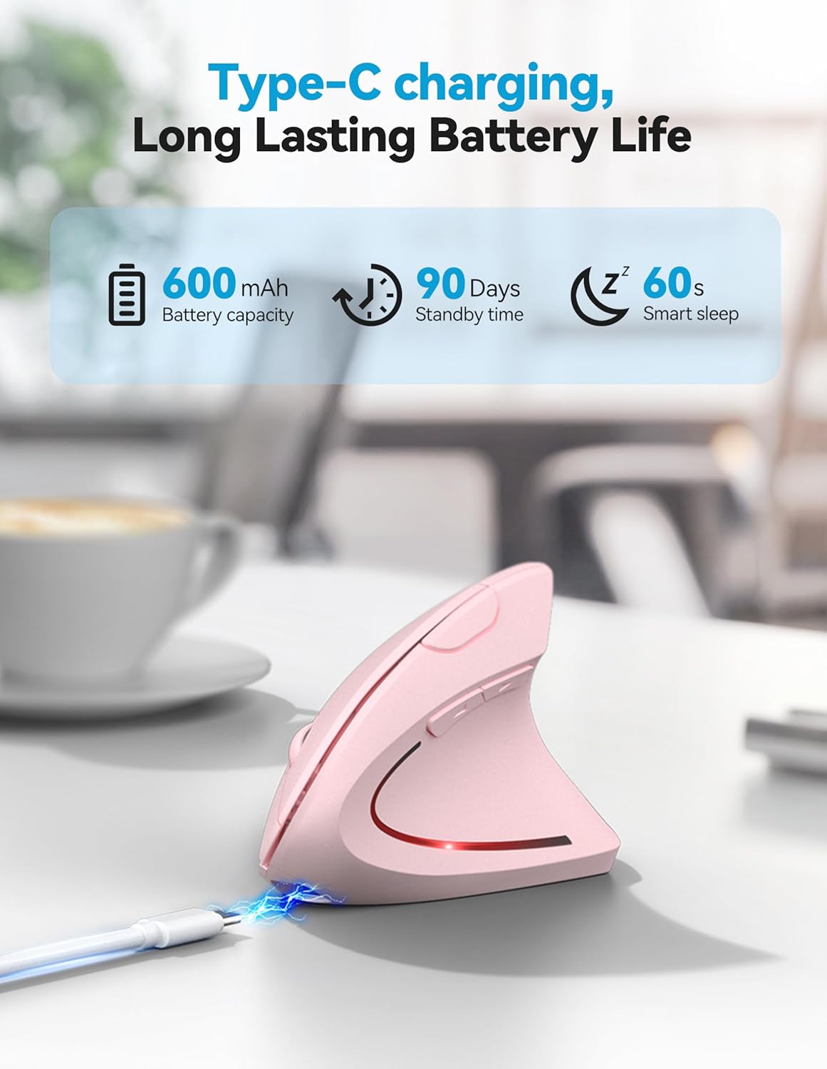 TECKNET Ergonomic Mouse, Rechargeable 2.4G+Bluetooth Vertical Mice 6 DPI Adjustable, Wireless Optical Carpal Tunnel Mouse Right Hand, Multi Device for Laptop, PC, Computer, MacBook, iPad - Pink