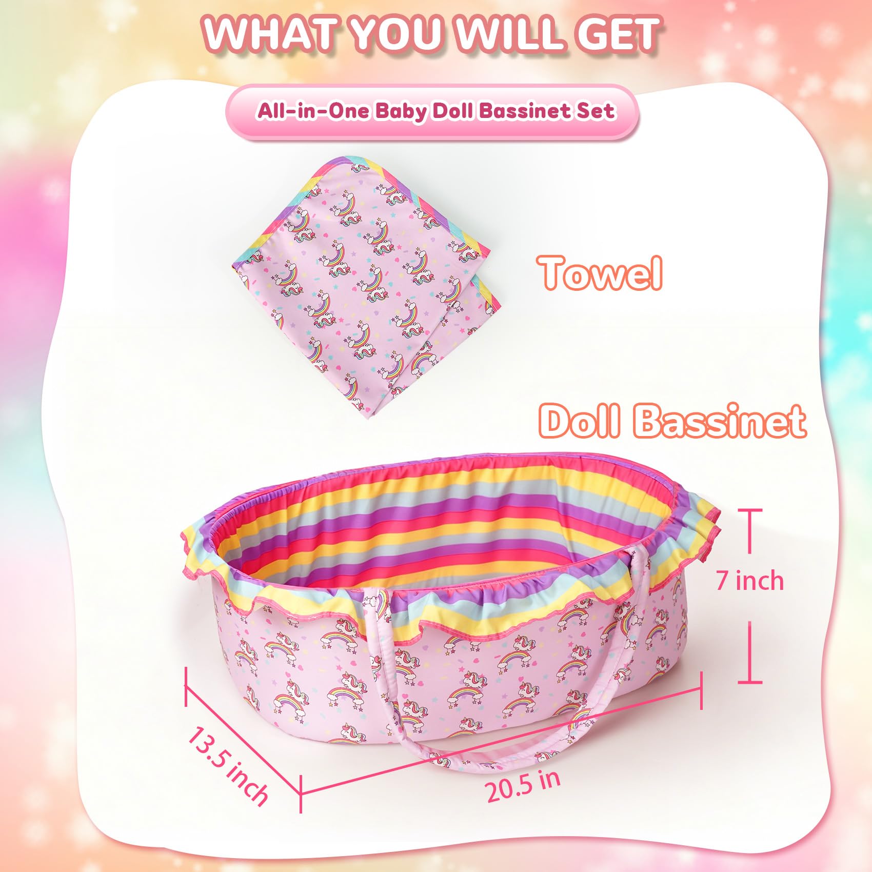 ARTST Baby Doll Bed Set- Portable Bassinet for Dolls up to 53 cm - Handbag for Girl - Includes Blanket, Mattress, Quilt - Image 2