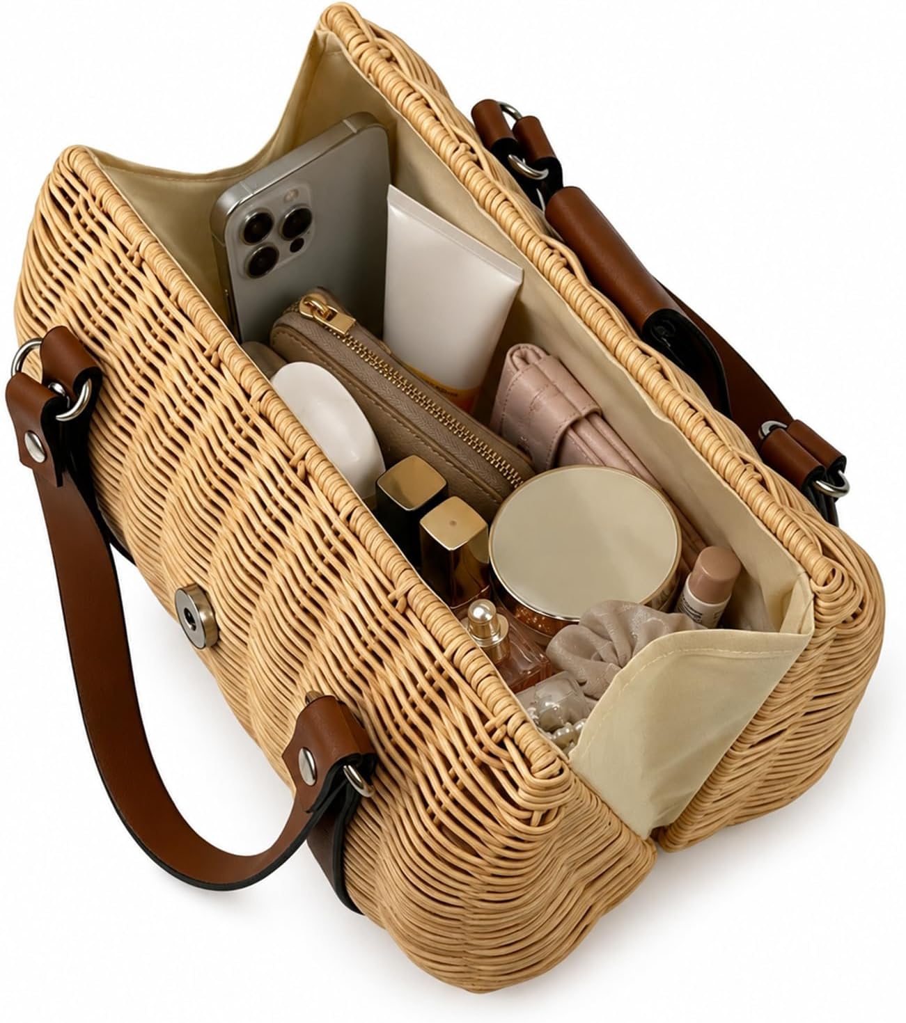 Rattan Purse for Women, Structured Straw Tote Bag, Woven Wicker Satchel Handbag with Reinforced Handles, Summer Beach Travel Bag for Daily Use
