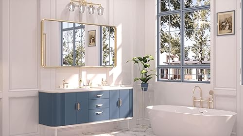 Miniatura 8 de TETOTE Espejo con marco dorado cepillado de 48 x 24 pulgadas, espejo de tocador de baño de latón para pared, moderno espejo rectangular de esquina