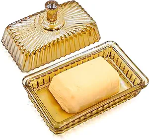 Champagne Color Glass Butter Dish with Lid or Countertop and Refrigerator,Crystal Glass Butter Storage Container for Kitchen Dining Table Decor (Champagne, large)