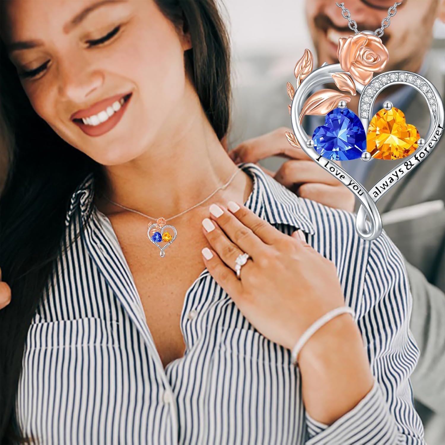 Rose Heart Birthstone Necklace Sterling Silver Two Heart Birthstone Necklace for Women 2 Birthstone Heart Pendant Birthday Christmas Valentine's Day Gift for Wife Mom Lady - Image 5