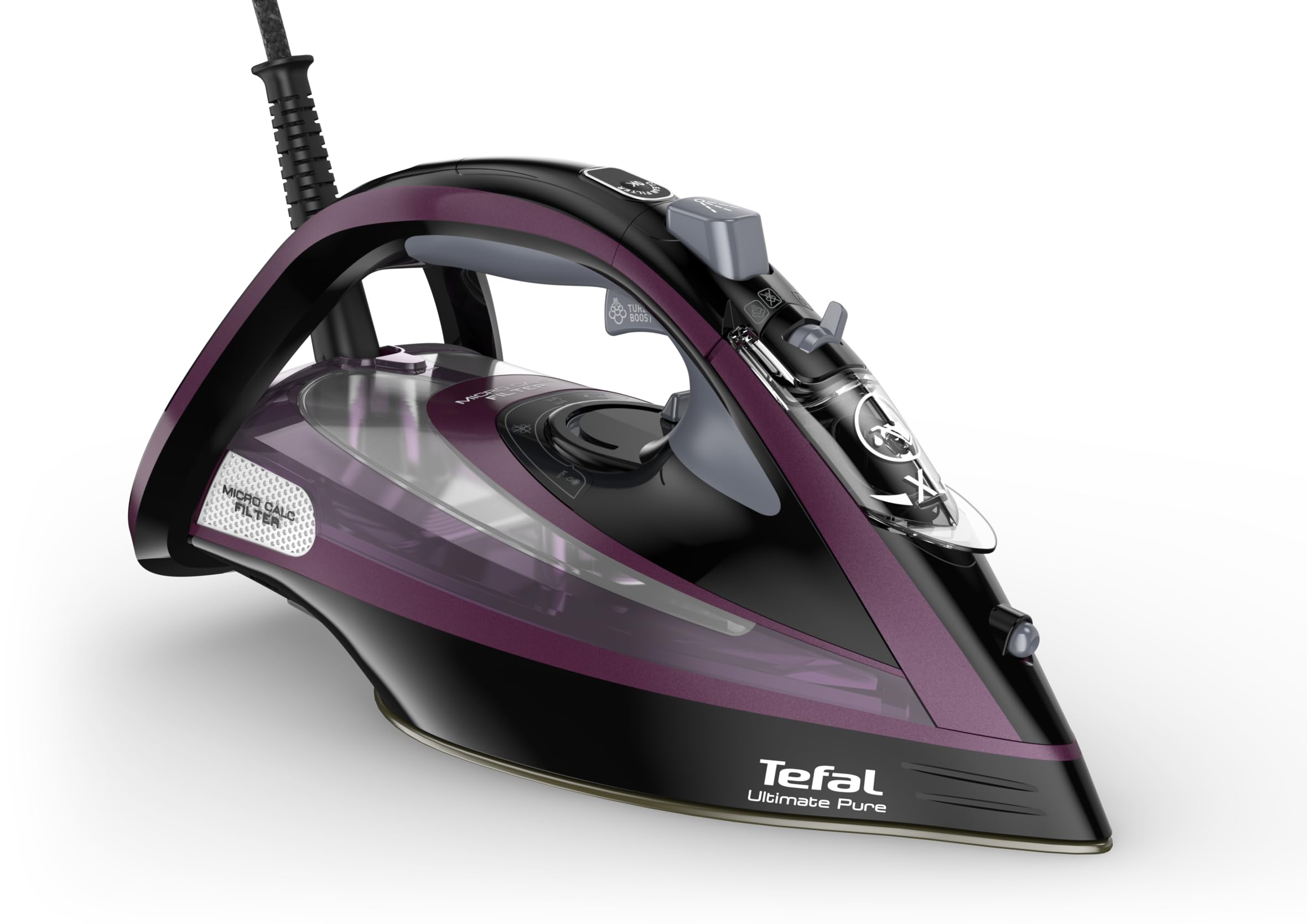 Tefal Ultimate Pure Steam Iron, 240 g/min Steam Boost, 55 g/min Continuous Steam, 350 ml Water Tank, 3000W Power, Non-Stick Durilium Soleplate, Anti Scale, Anti-drip, Purple & Black, FV9830