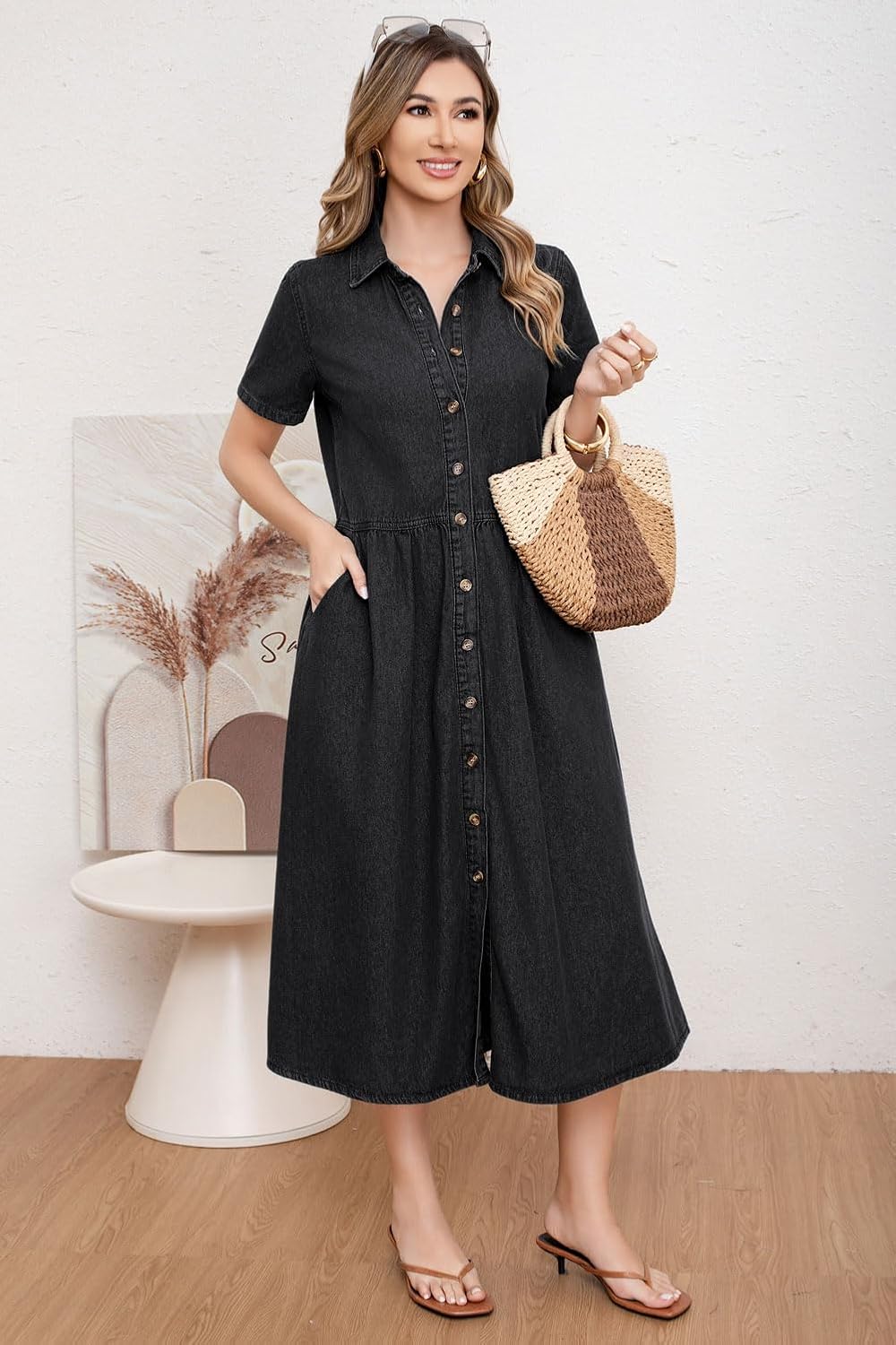 utcoco Womens Denim Dress Lapel Short Sleeve Frayed Hem Jean Dresses Oversized Button Down A Line Shirt Dress - Image 5