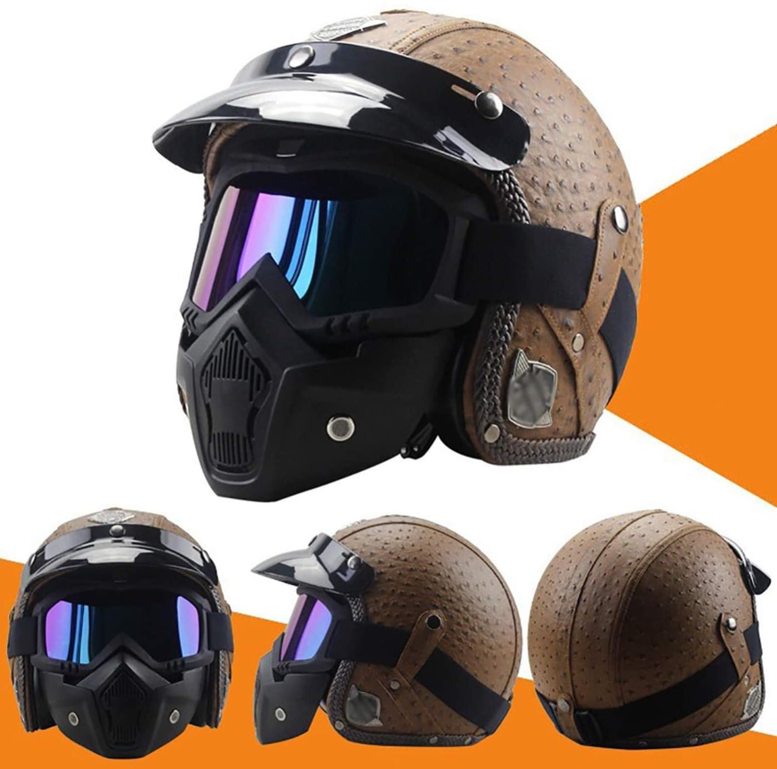 Casco De Moto Jet En Cuero Retro Con Máscara Y Gafas, Homologado ECE 22.06 Casco Scooter Abierto 3/4 Para Ciclomotor Cruiser Custom Bobber Cafe Racer Hombre 4,L/(59~60cm)