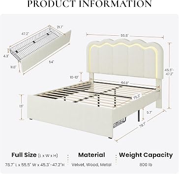 SHA CERLIN Full Size Bed Frame with LED Lights and Storage Drawer, Cream
