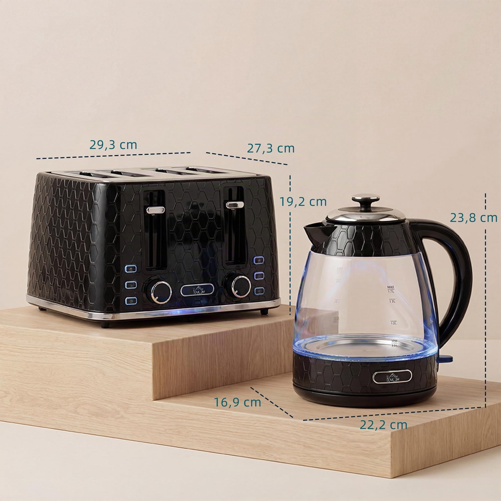 HOMCOM Wasserkocher Toaster Set, 1,7L 2200W, Glas, 4-Scheiben-Toaster, 7 Bräunungsstufen, Schwarz