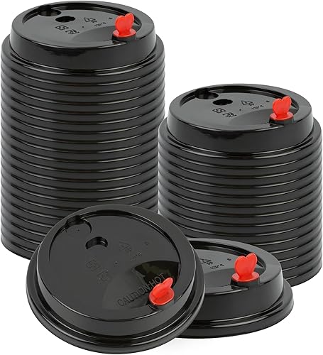 Restaurantware Solo tapas 50 tapas desechables negras de taza de café sin BPA con tapones de tapón de corazón rojo. Se adapta a tazas de 8 onzas, 12