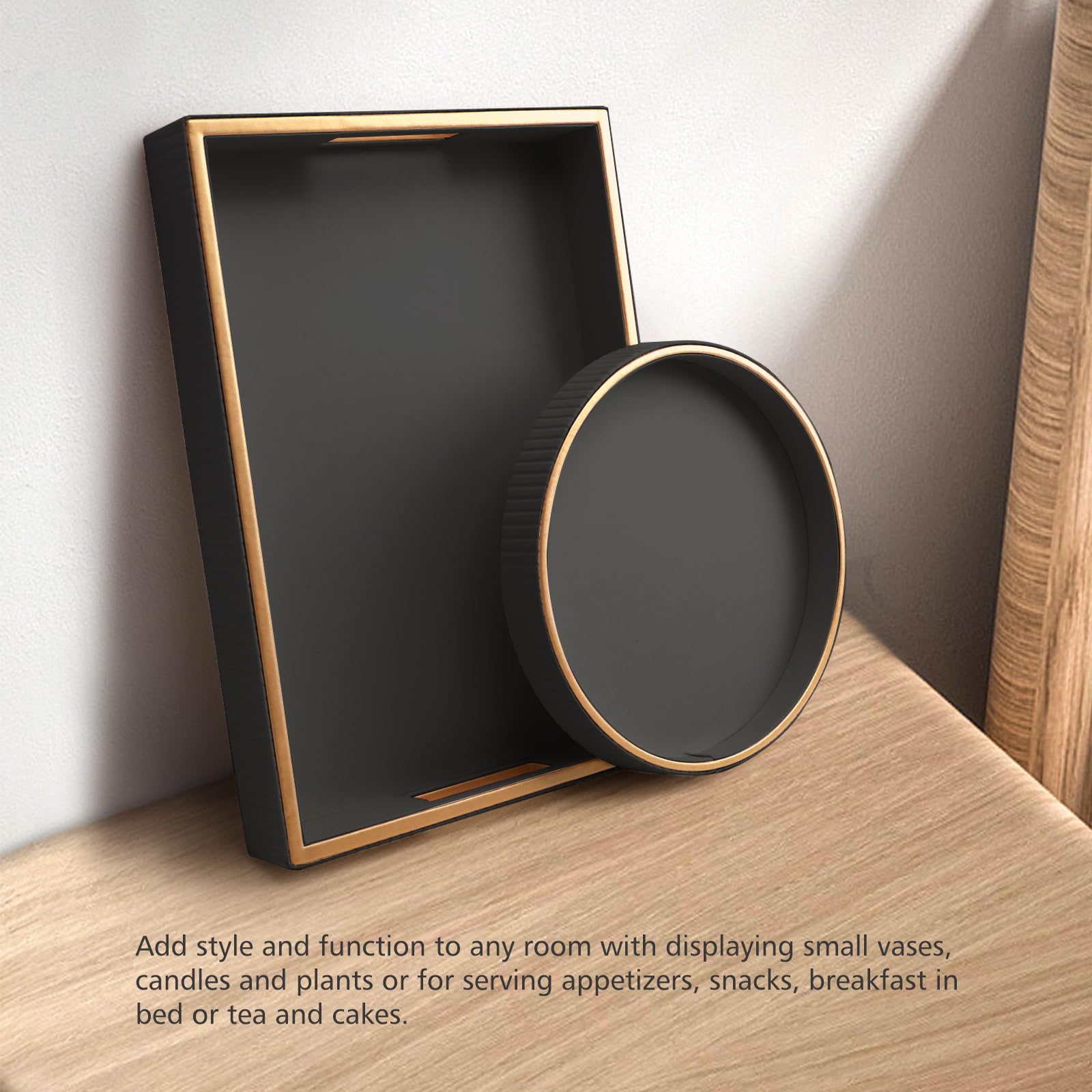 SANZIE Bandeja de cuero organizadora de almacenamiento de escritorio, bandeja decorativa de alta calidad, apta para cosméticos, cartera de teléfono, cubiertos (soporte negro con disco)