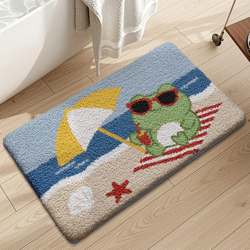 Ankah Bath Mat Cute Shower Rug, Luxury Shaggy High Absorbent and Anti Slip, Machine Washable Fit for Bathtub, Shower and Bath Room, 17.71"x 25.59", Beach Frog Beach Frog 1'6" x 2'2" (Rectangular)