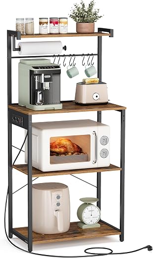 VASAGLE Scaffale da Cucina con Multipresa, Bar Caffèa 4 Ripiani con 8 Ganci a S, Ripiano Regolabile, Supporto per Microonde, 40 x 45 x 140 cm, Marrone Vintage e Nero Inchiostro KKS013KD02