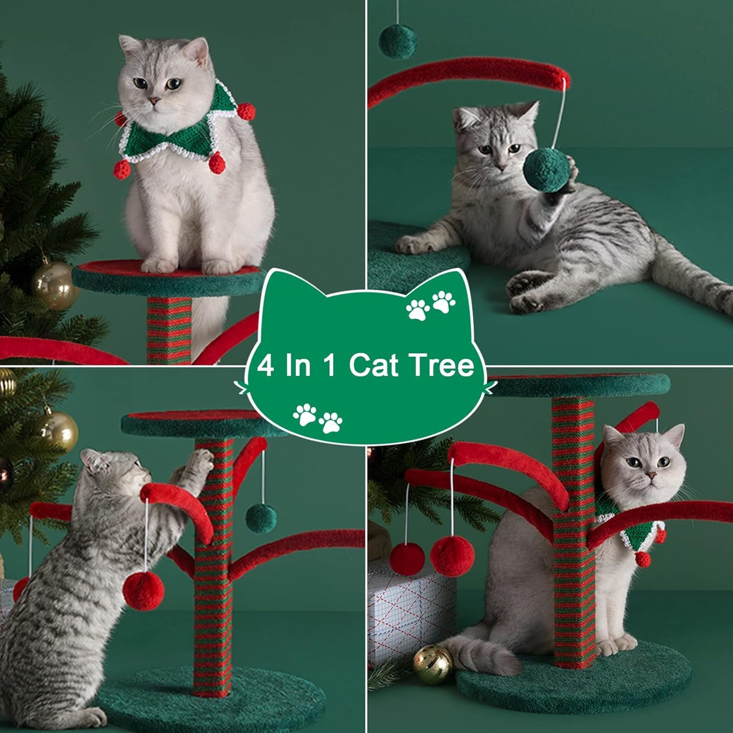 review Cat Tree, Cat Scratching Post for Indoor Cats, Christmas, Cat Tower with Platform, 4 Interactive Dangling Ball, Sisal Scratching Poles for Cats Play Rest