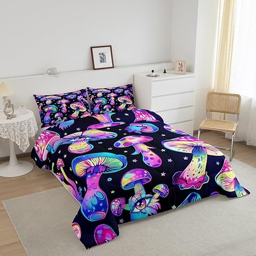 Miniatura 2 de Juego de edredón de hongos, tamaño matrimonial, juego de ropa de cama botánico kawaii trippy psicodélico con plantas psicodélicas para niños, niñas,