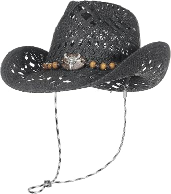 Straw Cowboy Cowgirl Hat for Women Men Hollow Out Wide Brim Summer Beach Sun Hat with Chin Strap
