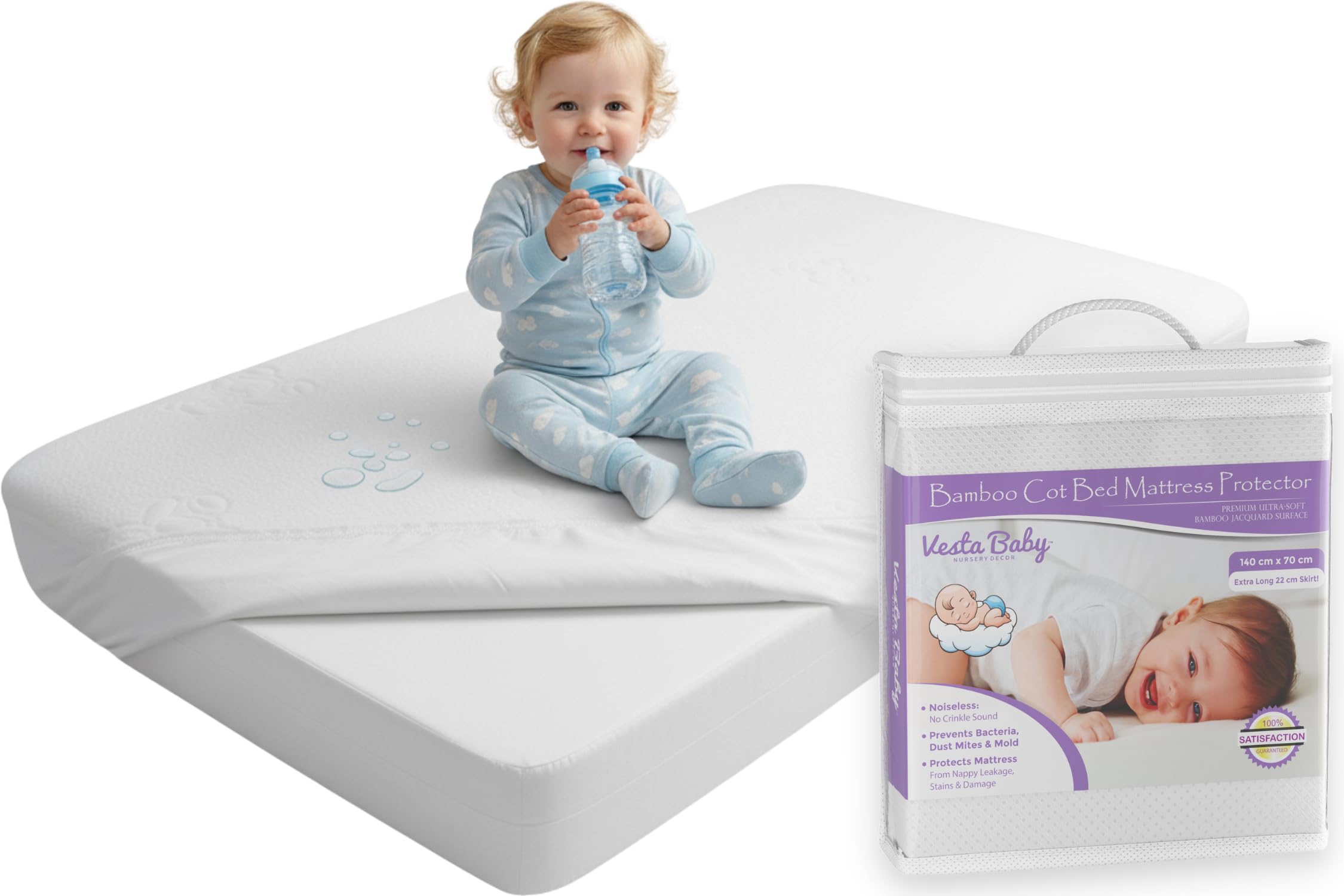 Premium Cot Bed Mattress Protector 70 x 140 cm Noiseless Waterproof Pad Cover Fitted Sheet Natural Bamboo Silent Topper for Baby Toddler Children CotbedOEKO-TEX STANDARD 100
