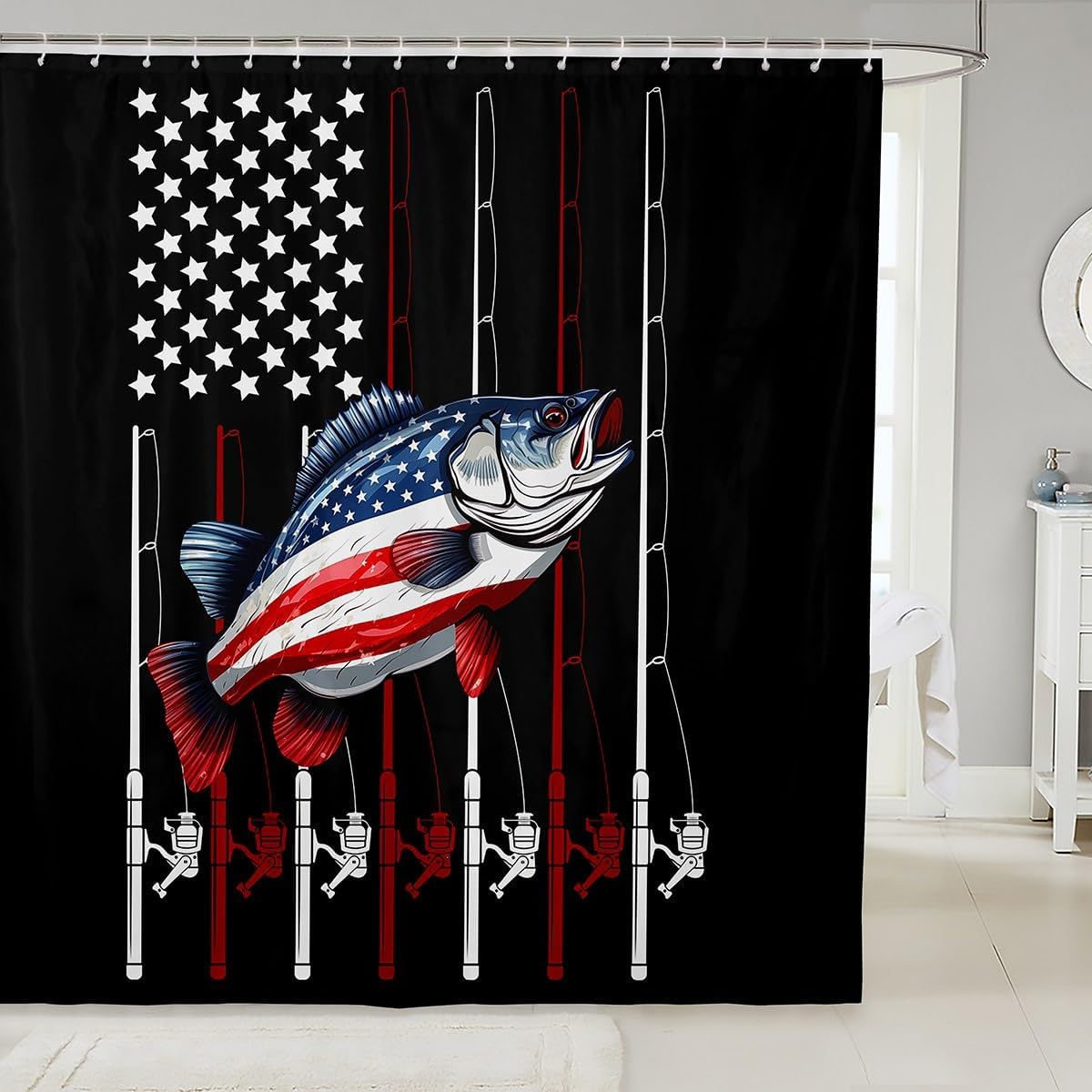 Vintage American Flag Bass Fish Shower Curtain for Bathroom, Kids, Teens, Men, Adult Room Decor - Fishing and Hunting Waterproof Black Brown Rustic Farmhouse Wood Striped Bath Curtain