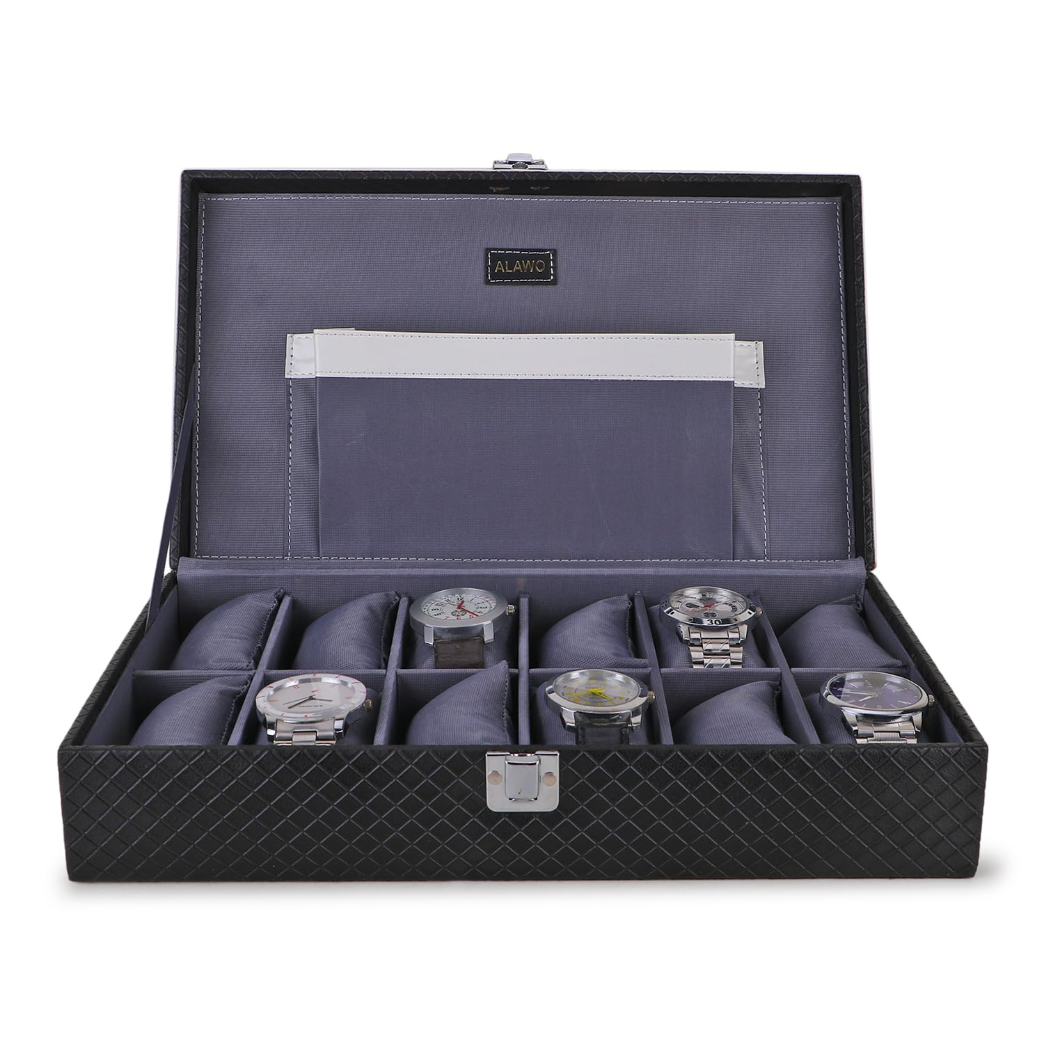 ALAWO Watch Case Organizer Box with 12 slots of watches with 1 Pocket inside in Black PU Leather and Gray colour Velvet (B0C3J224RG) Amazon Price History, Amazon Price Tracker