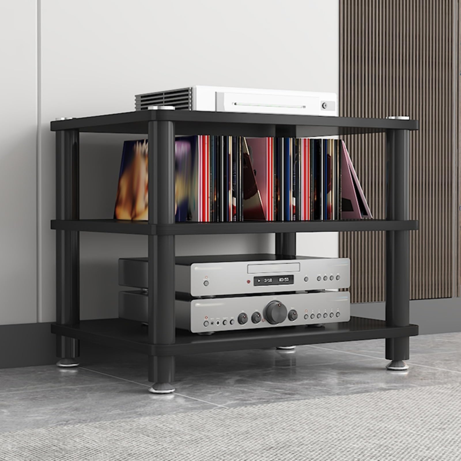 Support pour platine vinyle robuste et meuble audio d'angle pour rangement de disques