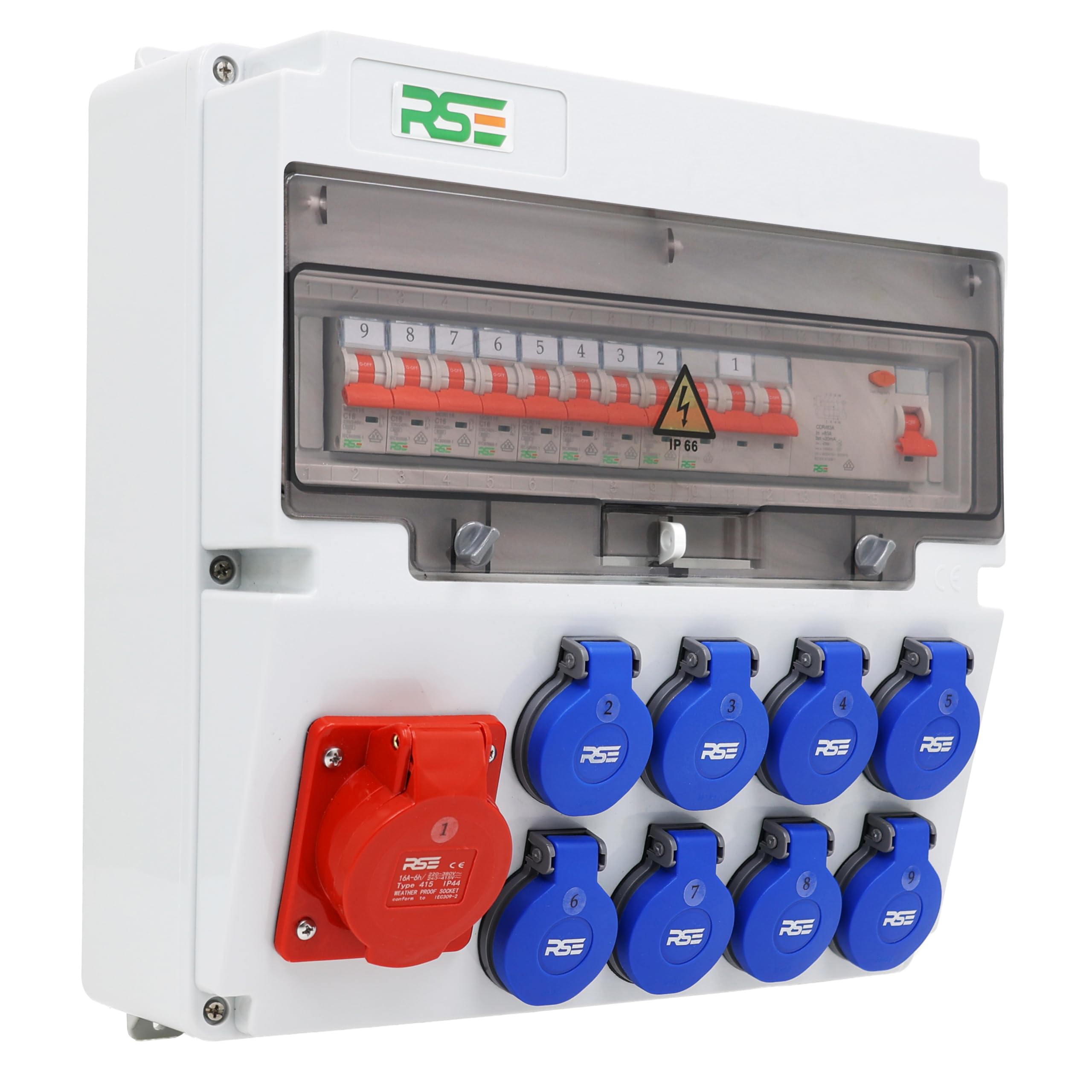 RSE BAUSTROMVERTEILER WANDVERTEILER KOMPLETT VERDRAHTET, VERSCH. VARIANTEN 32A CEE, 16A CEE, 230V ZUR AUSWAHL, IP66 GEHÄUSE, 1X16A, 8X230V, MIT LS+FI