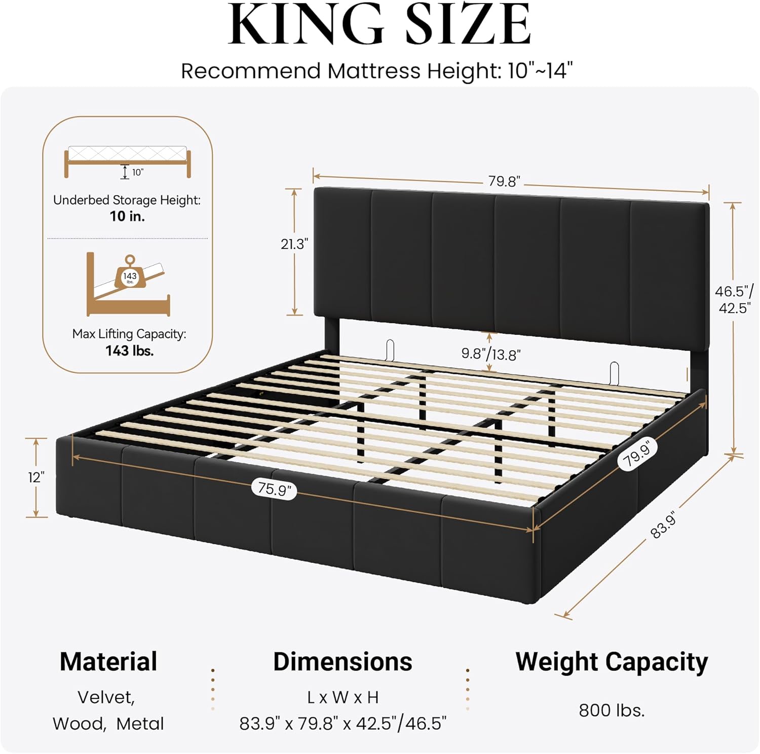 SHA CERLIN King Size Lift Up Storage Bed Frame, Adjustable Headboard, Hydraulic Support, Velvet Upholstered, Easy Installation, No Box Spring Needed, Black