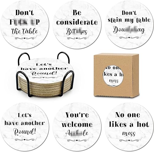 Miniatura 12 de Juego de 6 posavasos sarcásticos de corcho absorbente para bebidas, posavasos de granja para bar con soporte, posavasos divertidos para proteger tu