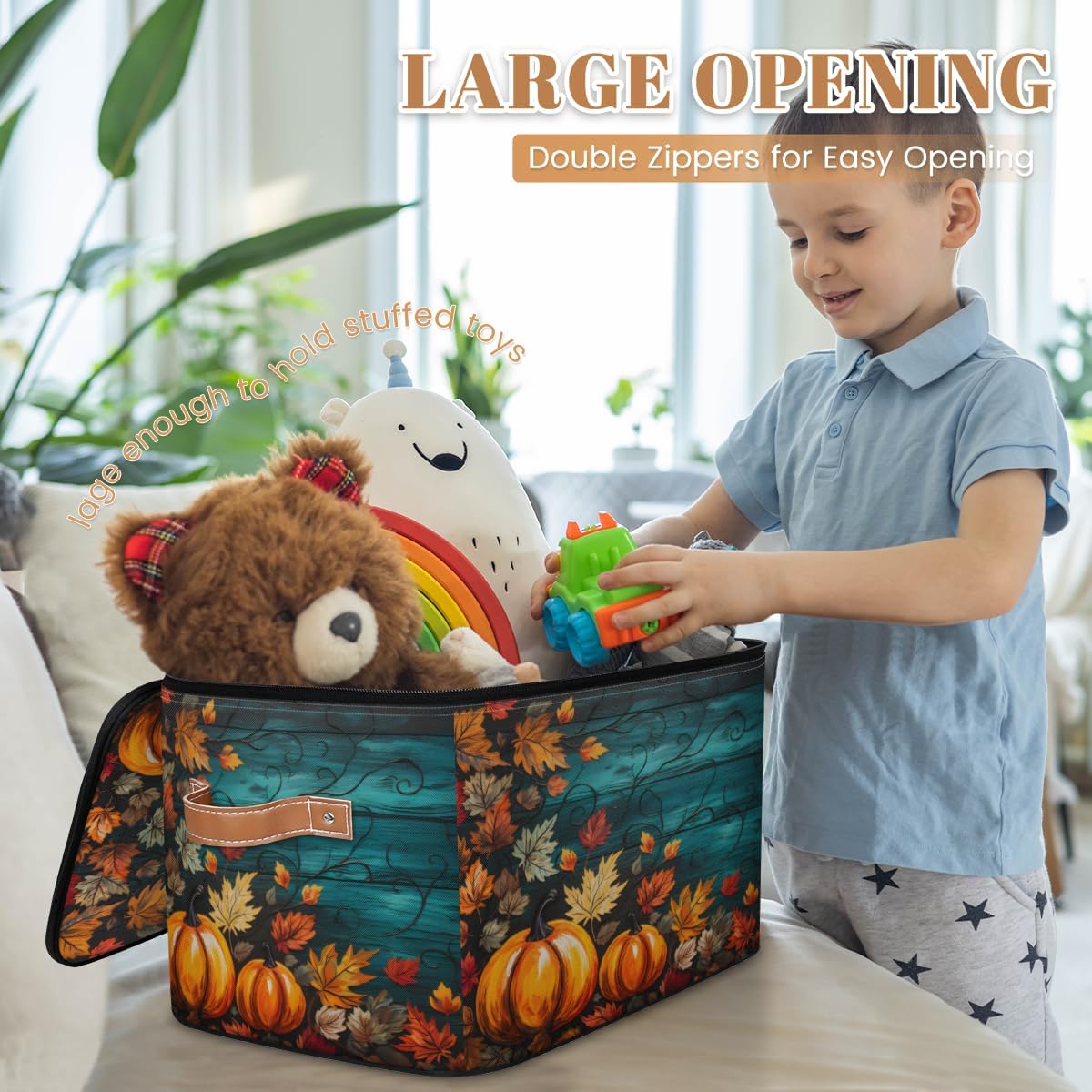 Storage Bin Set of 2 Maple Pumpkin Storage Basket with Zipper Lid & Handle Foldable Closet Shelf 2 Pack Cloth Organizer Basket Cube Bins Clothes Organizer for Nursery, Bedroom