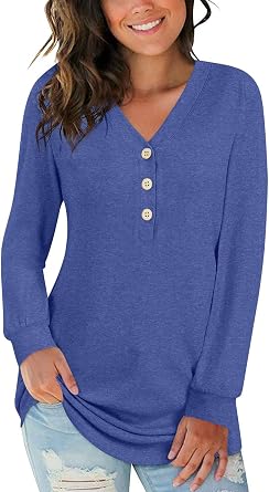 BISHUIGE Womens Long Sleeve Henley Tunic Tops Button T-Shirts V-Neck Casual Sweatshirt