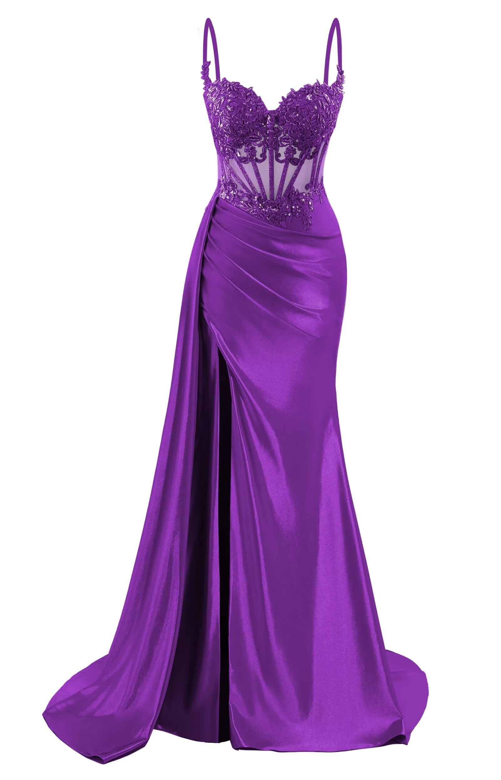 Spaghetti Straps Satin Prom Dresses Long Lace Appliques Formal Party Dress VS126