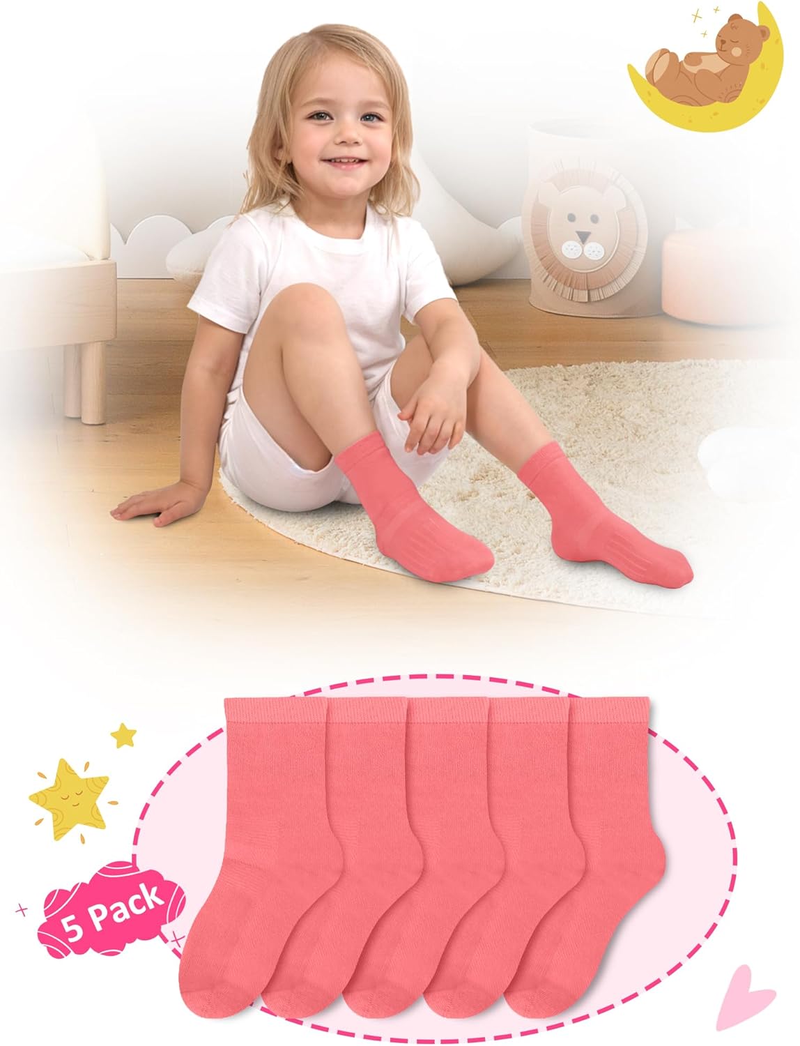 Boys Girls Kids Socks Crew Socks 5 Pack for 2-4,4-6,6-8,8-10,10-12,12-14 Years Old White Black Grey Blue Pink - Image 8