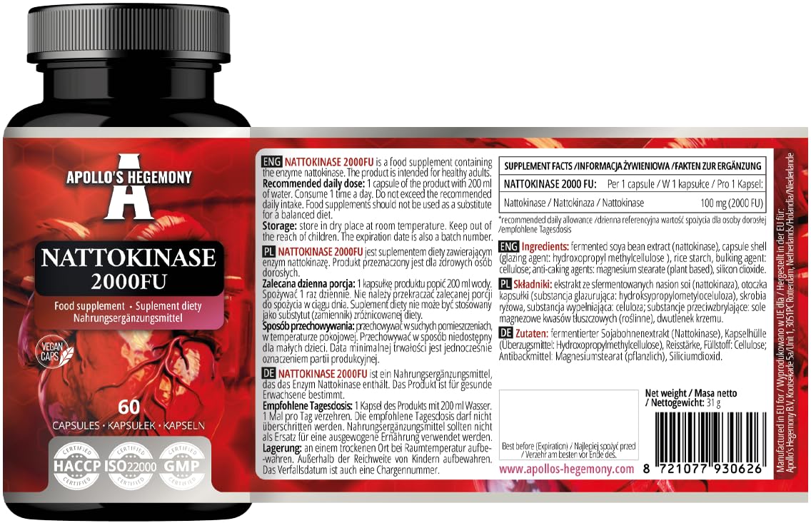 Nattokinase High Strength 100mg (2000 FU) - 60 vegane Kapseln - 2 Monatsvorrat - Enzyme aus fermentierten Sojabohnen - zur Unterstützung der Kreislaufgesundheit - von Apollo's Hegemony