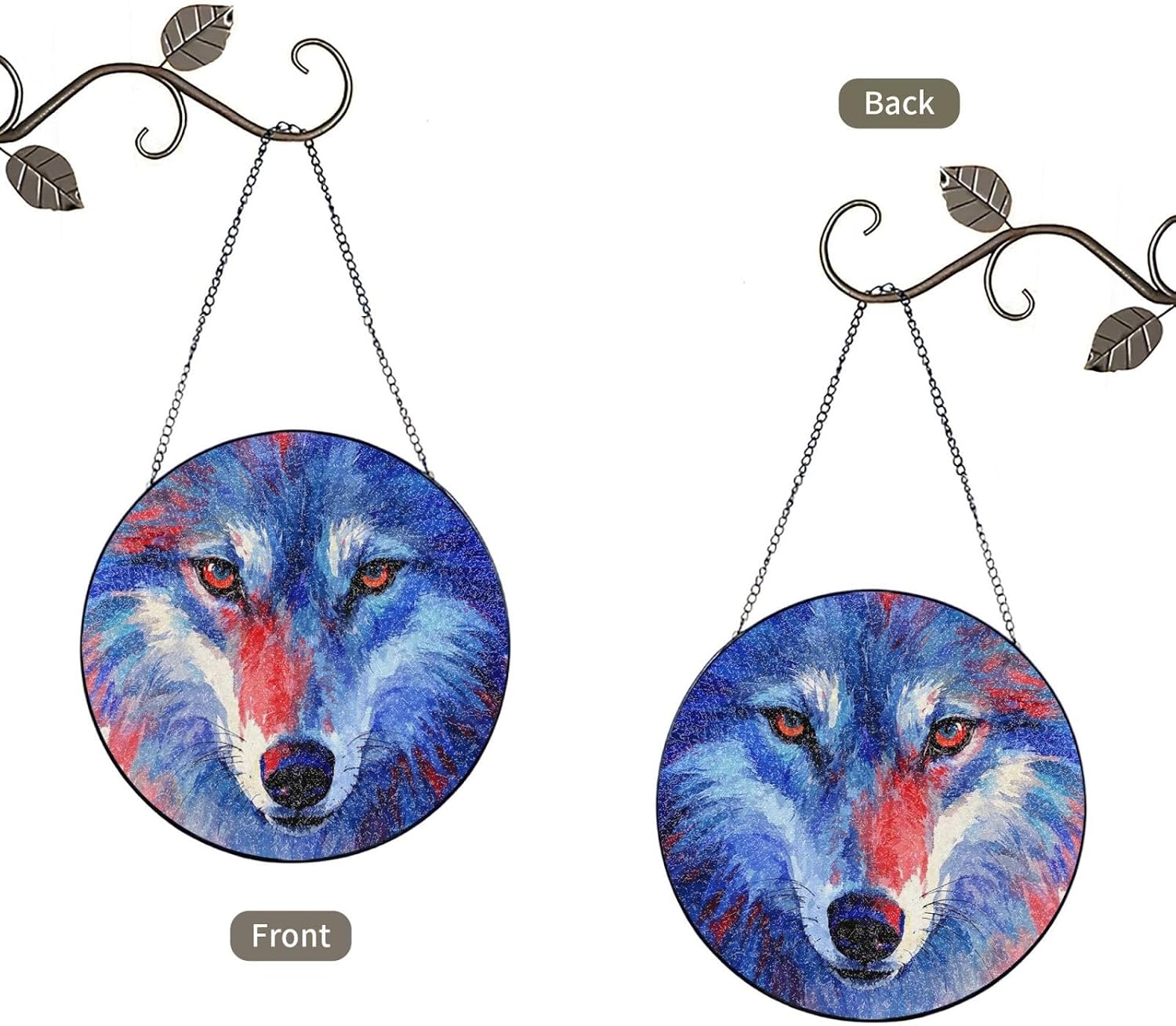 Stained Glass Window Hanging 6in Window Suncatcher Glass Panel with Metal Chain Watercolor Blue and Red Wolf Face Sun Catchers Wall Art Home Decor Gift for Women Mother's Day