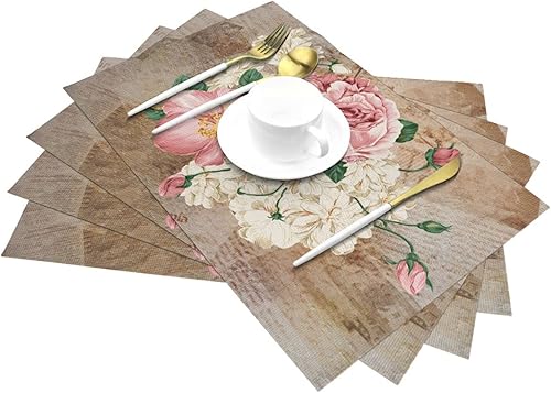Miniatura 7 de Juego de 4 manteles individuales de tela vintage rosa para mesa de comedor, manteles individuales rectangulares de tela