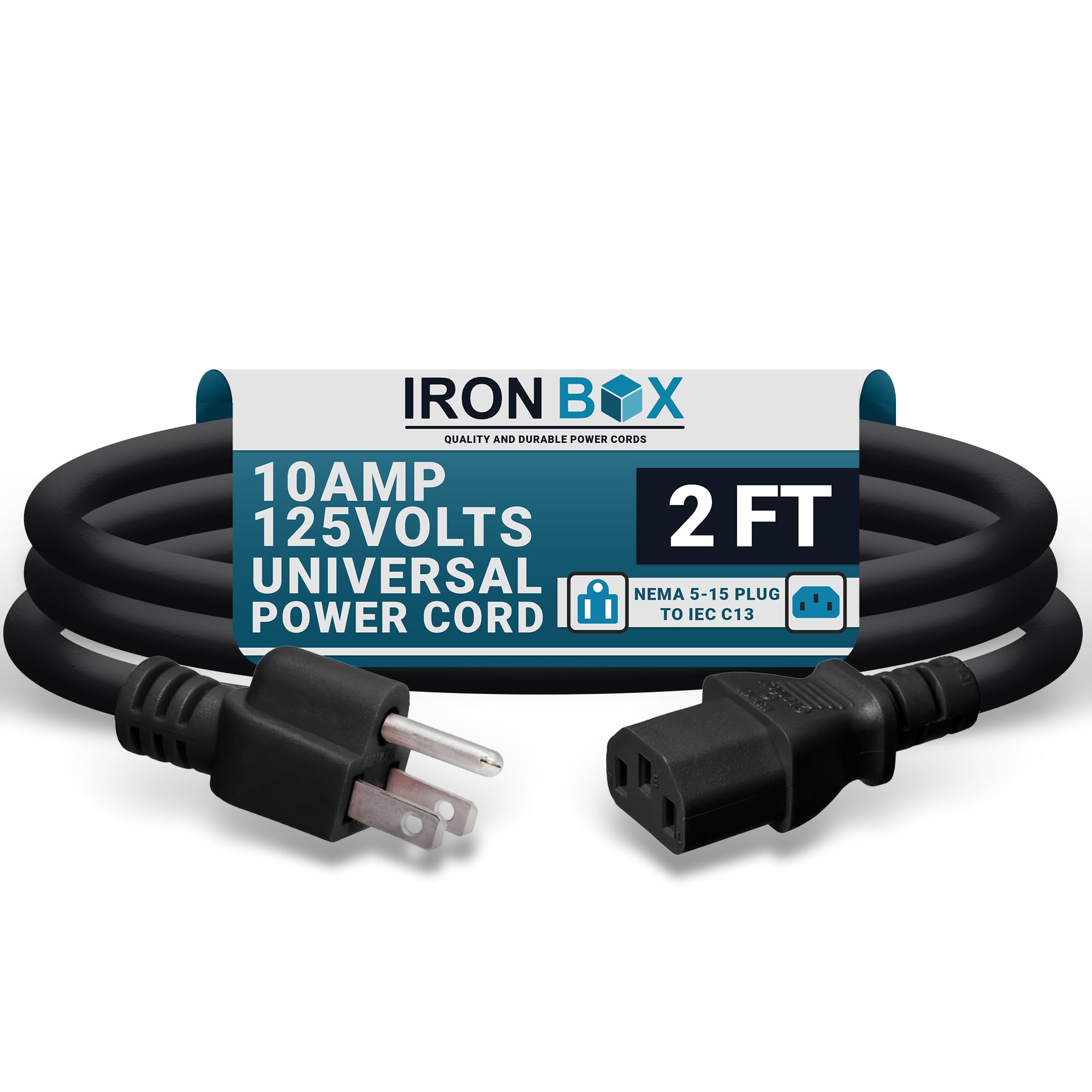 IronBox Electric NEMA 5-15 Plug to IEC C13 Connector Power Cords - 10A,125V, 18/3 SJT - UL Listed Universal Power Supply Cable - Jumper Cord for