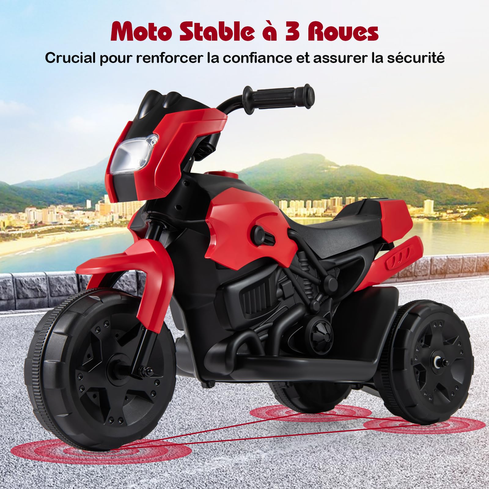 GOPLUS 6V Moto Électrique Enfants 3-6 Ans à 3 Roues, Voiture Electrique Enfant Phare LED, Pédale, Direction Limitée, 2-3 km/h pour Enfants Filles et Garçons, Charge 20KG (Rouge)