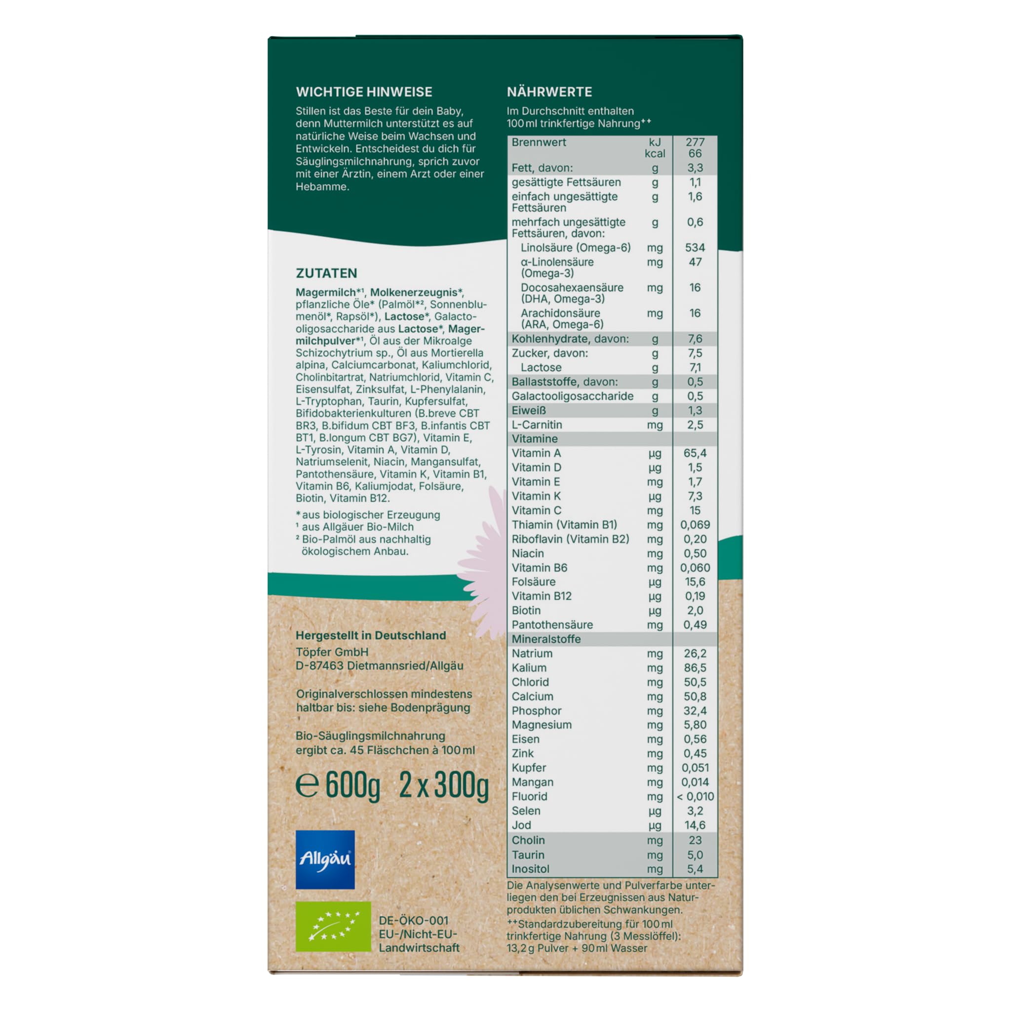 Töpfer Bio Anfangsmilch PRE Säuglingsanfangsnahrung ab Geburt 3x600g GOS Probifido ARA DHA Algenöl