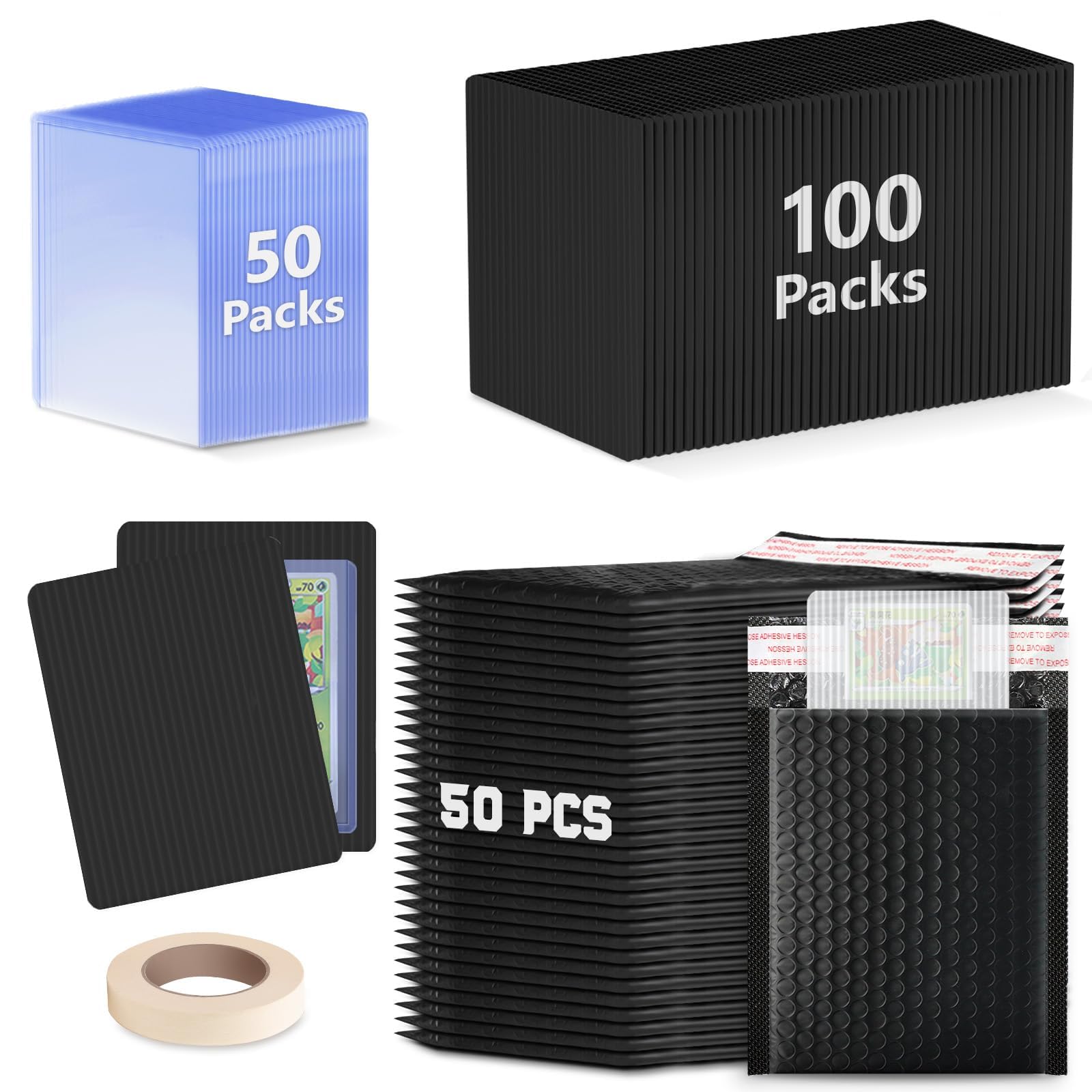 DEDC Ding Defend Lot de 200 protections d'expédition de cartes à collectionner, 50 chargeurs par le haut, 50 enveloppes à bulles noires (12,7 x 15,2 cm) pour cartes à collectionner et ruban adhésif