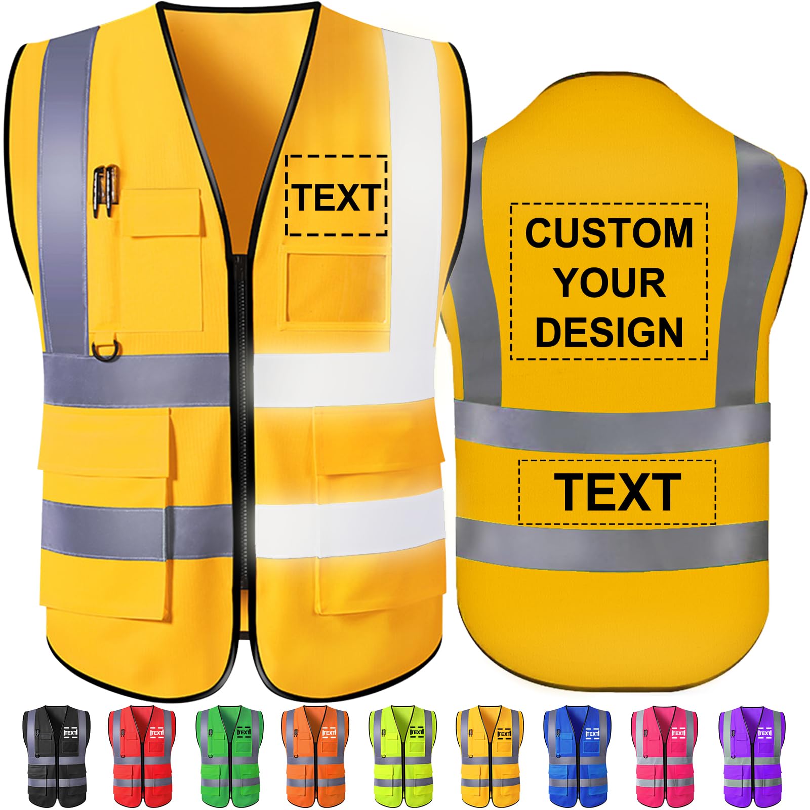 Custom Safety Vest High Visibility Reflective Vests with Pockets Zipper Personalised Logo Class 2 for Men Women Construction Security Workwear