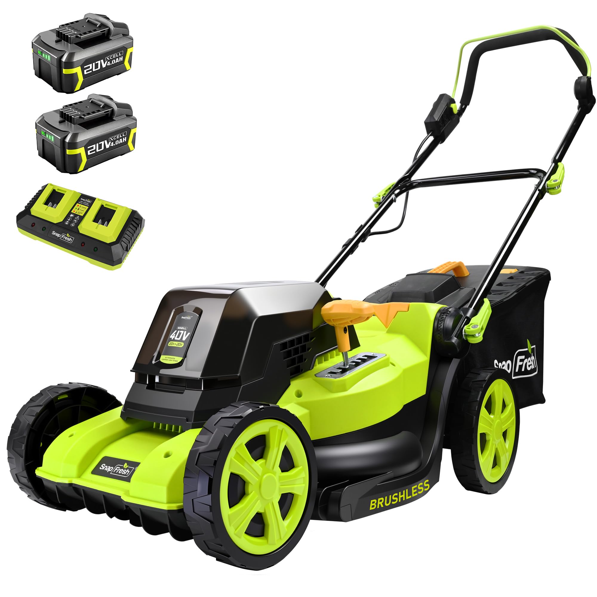 SnapFresh Tondeuse à Gazon sans Fil 40V, Largeur de Coupe 40 cm, Bac 42 L, Deux Batteries 4,0 Ah, Moteur sans balais