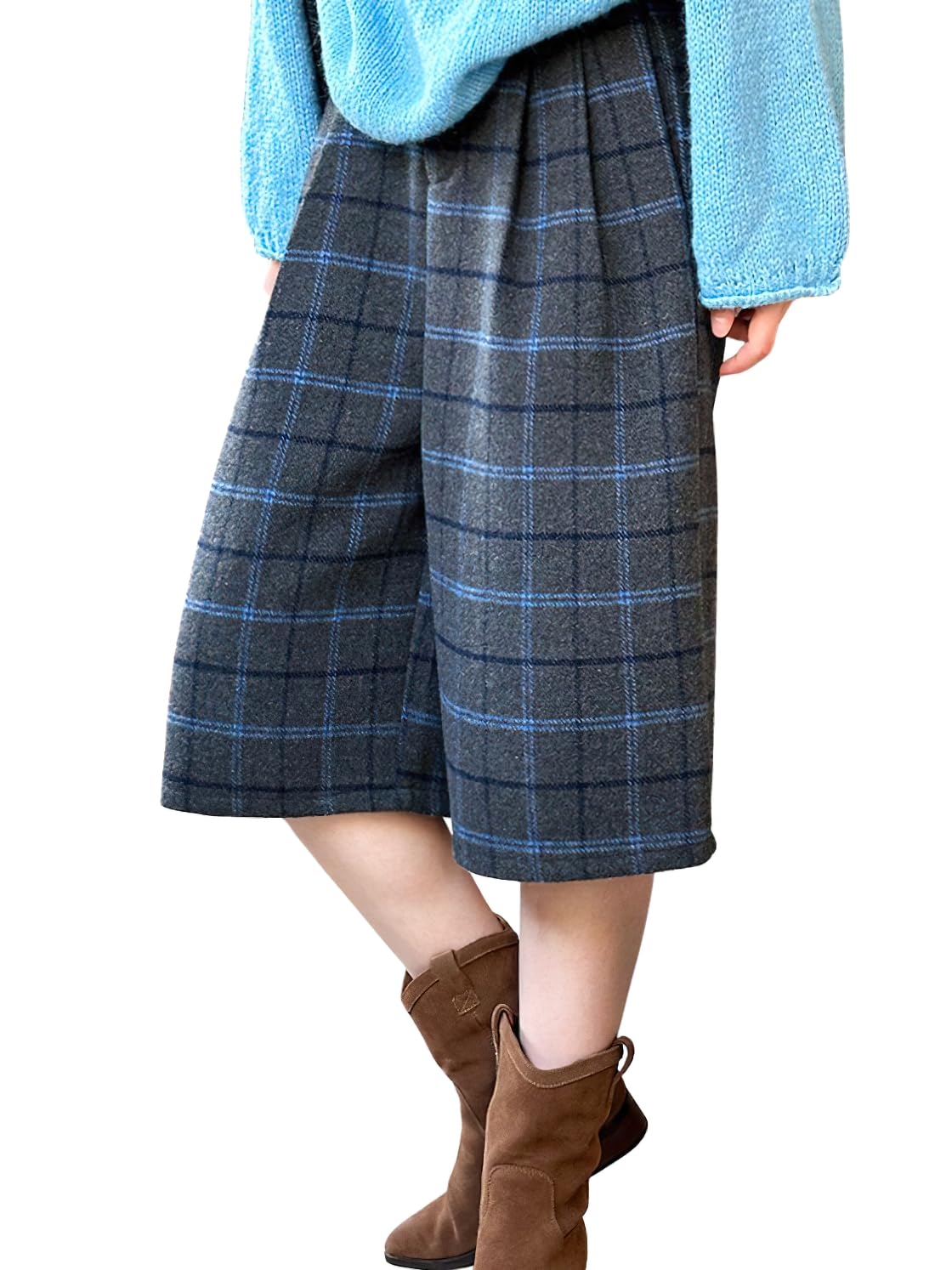 chouyatou Womens Fall Winter Wool Culottes Capri Cropped Pants Plaid High Waisted Loose Wide Leg Palazzo