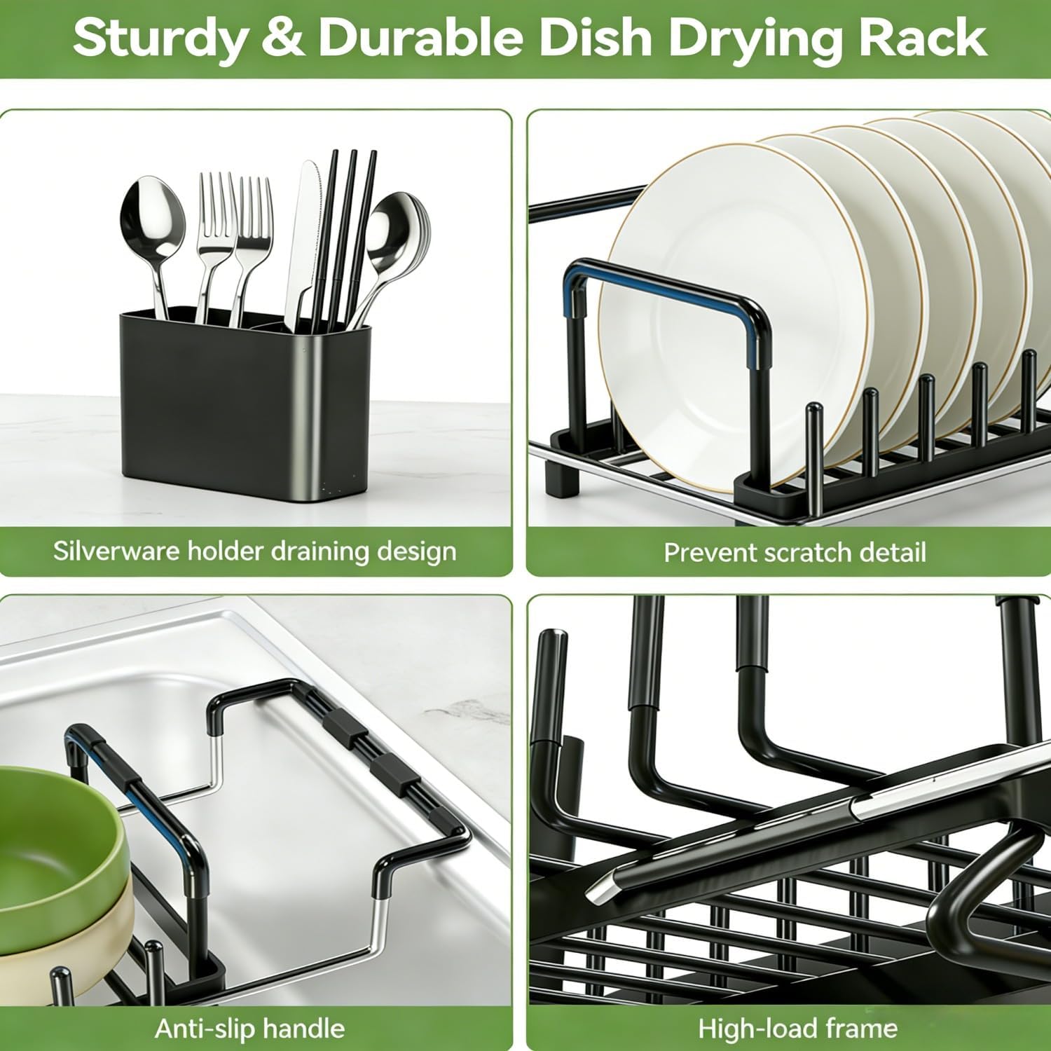 2 Pack Dish Drying Rack, Expandable Dish Drainer Over Sink with Silicone Drying Tray, Compact Dish Rack for Kitchen Counter with Utensil Holder, with Drainage & Space Saving Design, Black