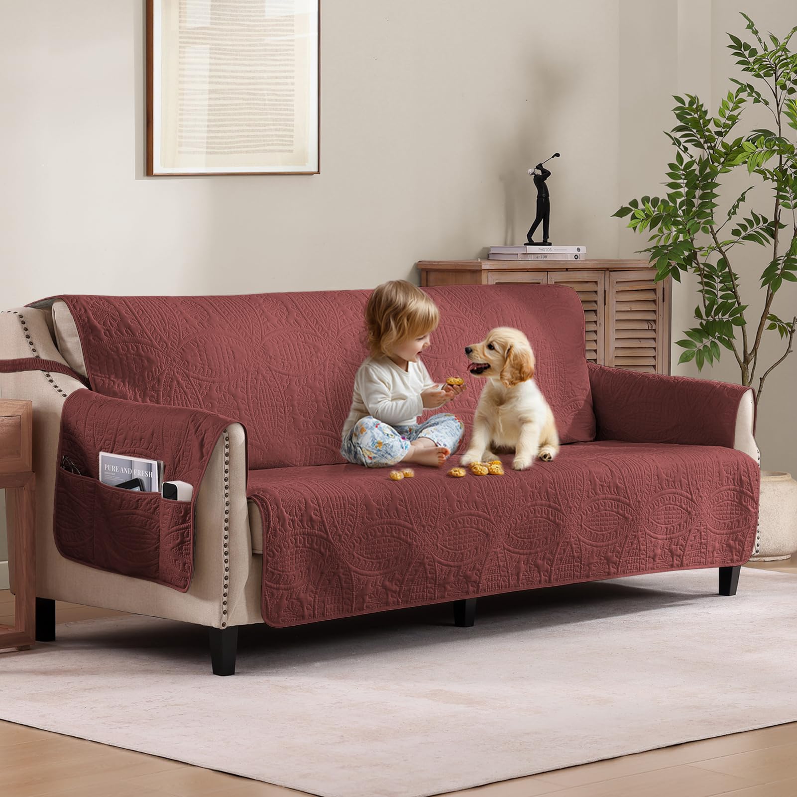 Soft Quilted Couch Cover with Pockets for Extra-Large Sofa, Anti-Slip Sofa Covers Washable for 3 Cushion Pet Friendly, Oversized Sofa Cover Water-Repellent (X-Large Sofa 78", Red)