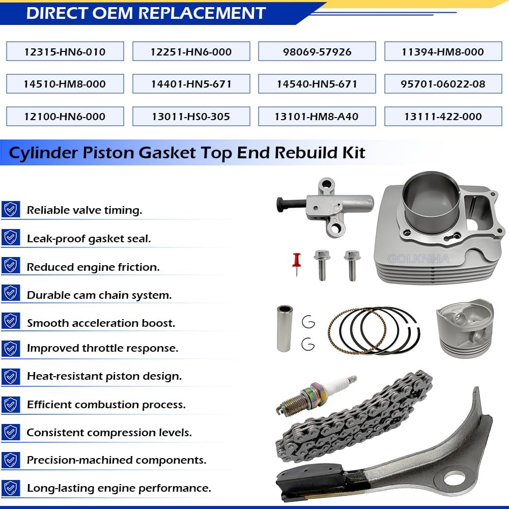 Cylinder Piston Gasket Top End Rebuild Kit Compatible with Recon 250 TRX250X TRX250EX TRX250TM TRX250TE 2001-2024 OEM#12315-HN6-010 12251-HN6-000