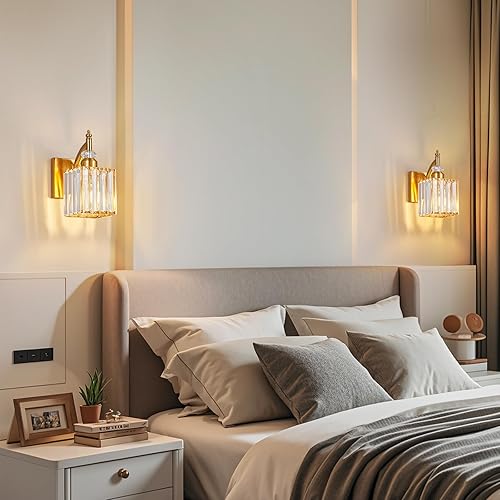 Miniatura 6 de Juego de dos apliques de pared modernos dorados para interiores, lámpara de pared de cristal, luz de pared montada en la pared, aplique de pared