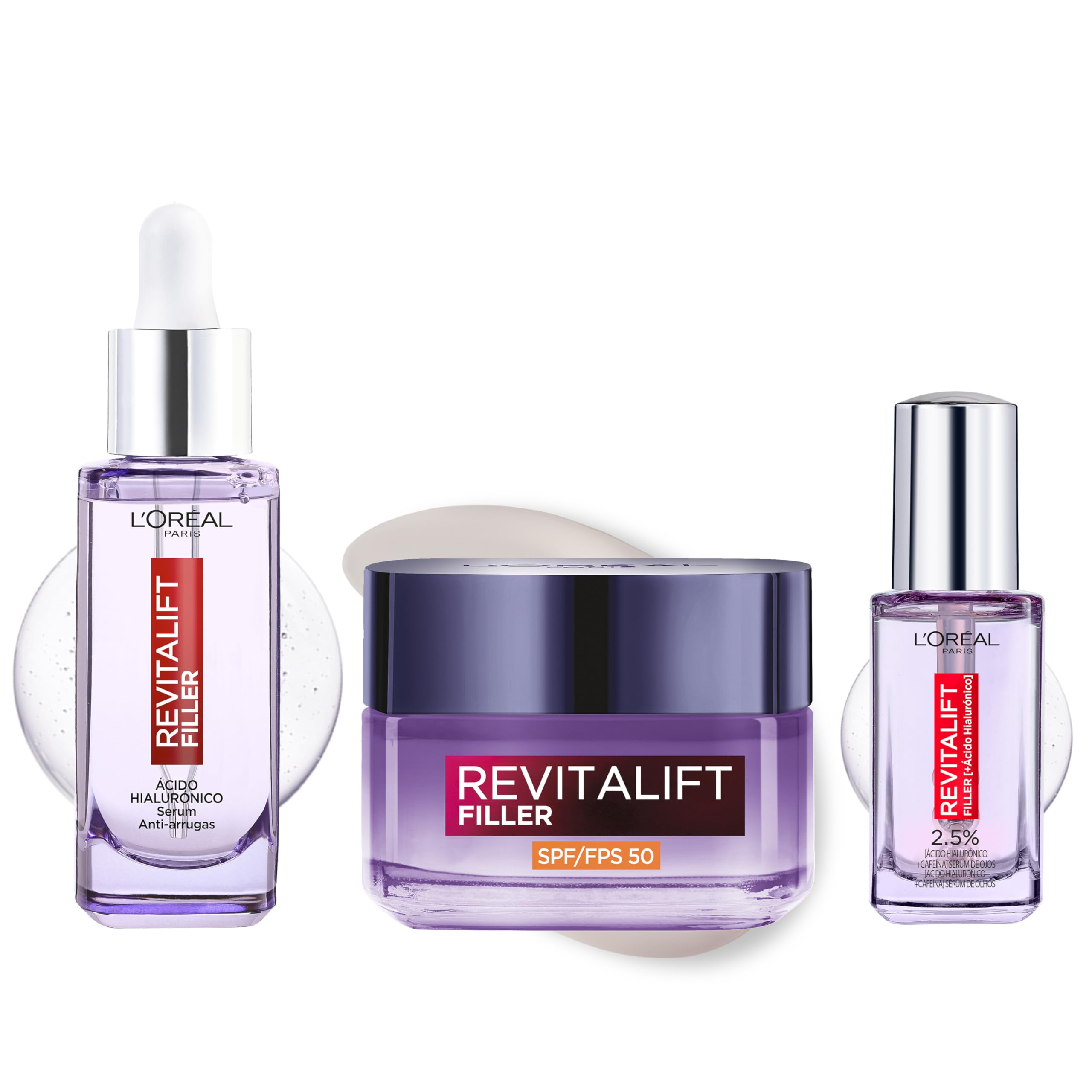 Rutina L'Oréal Paris Revitalift Filler Sérum Antiedad y Antiarrugas con Ácido Hialurónico 30ml + Sérum de Ojos con cafeína Antiojeras, 20ml + Crema de Día Rellenadora con Protección Solar SPF 50, 50ml