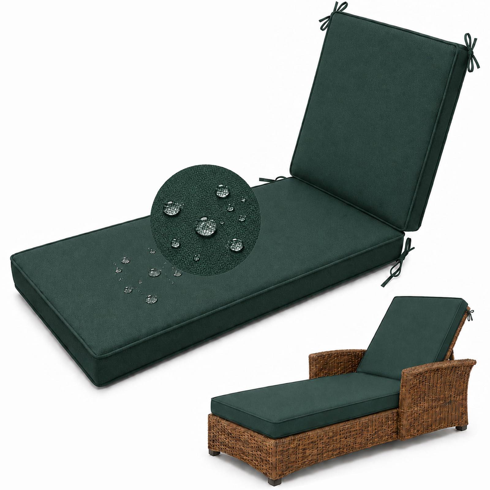 Waterproof Sun Lounger Cushion, Garden Sunbed Recliner Pad, Rock Green