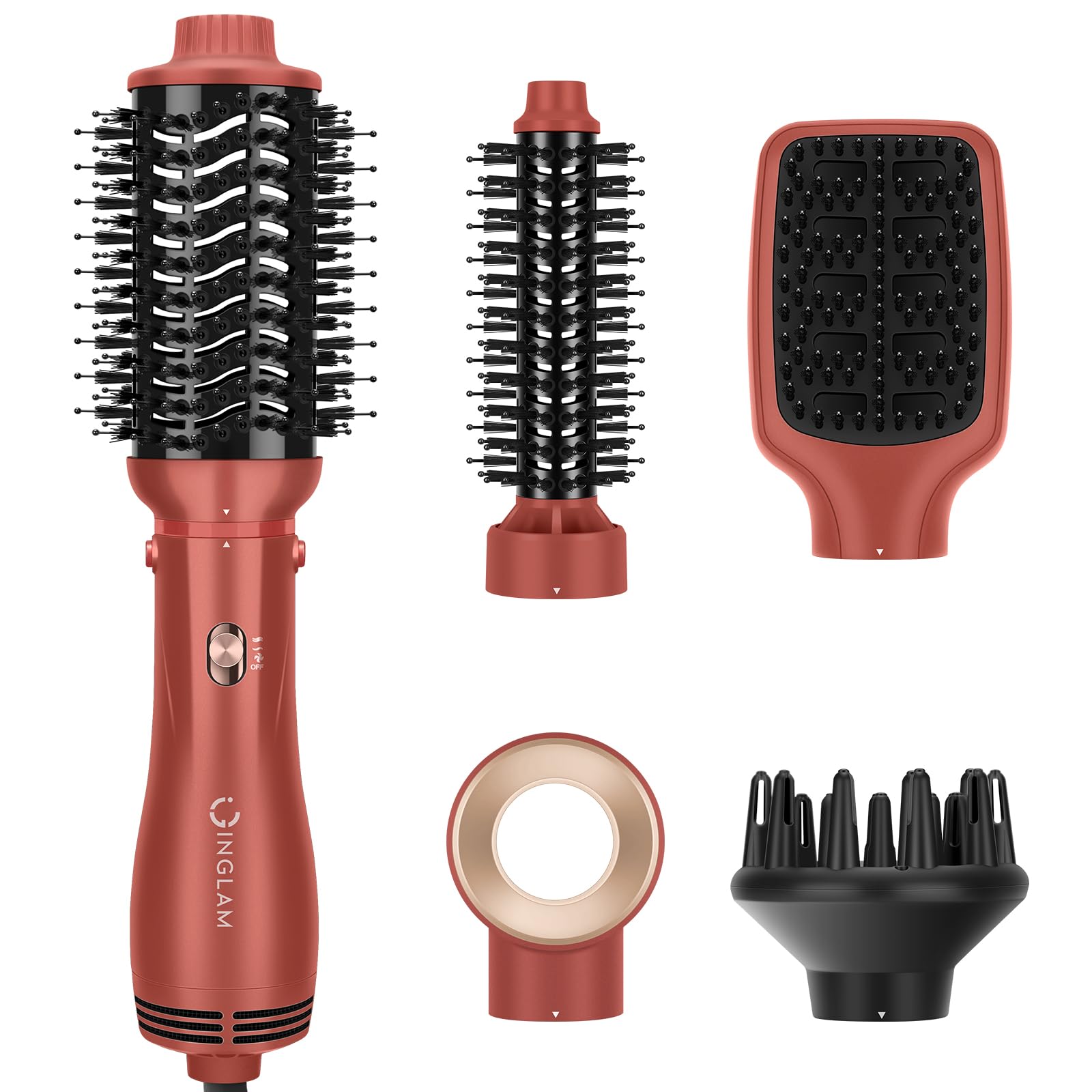 IG INGLAM Blow Dryer Brush Set, 5-in-1 Multi-Styler for Drying, Salon Blowouts, Smooth Curls, Sleek Styles, Ionic Hot Air Brush with Soft Tufts &