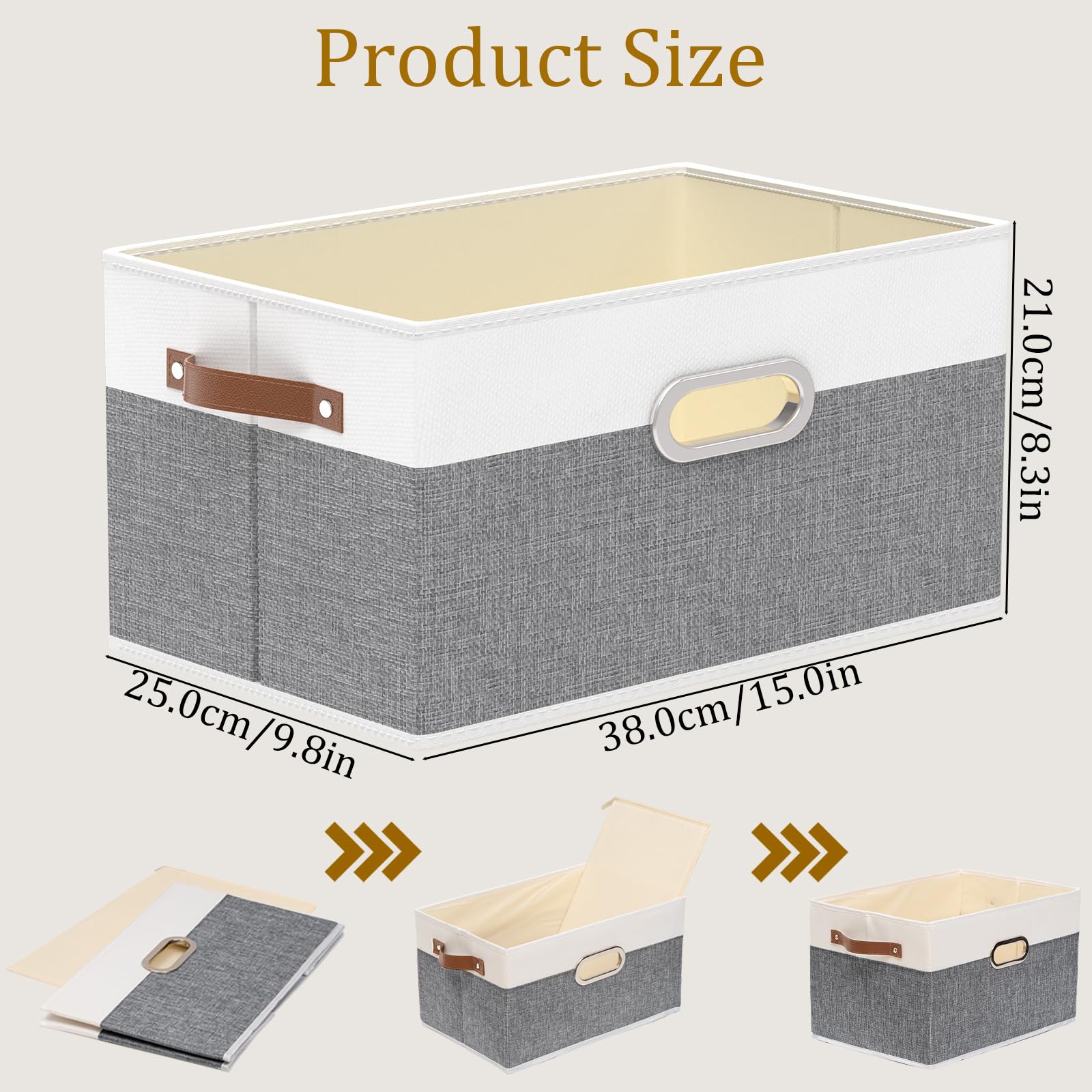 Yawinhe Boîtes de Rangement Lavable,Lot de 3 Panier Blanc/Gris,38x25x21cm | Sans Couvercle Boîte de Pliables;Coffre avec Plaques en PP; Lavable Rangement Tissu avec poignées en cuir pour Vêtements